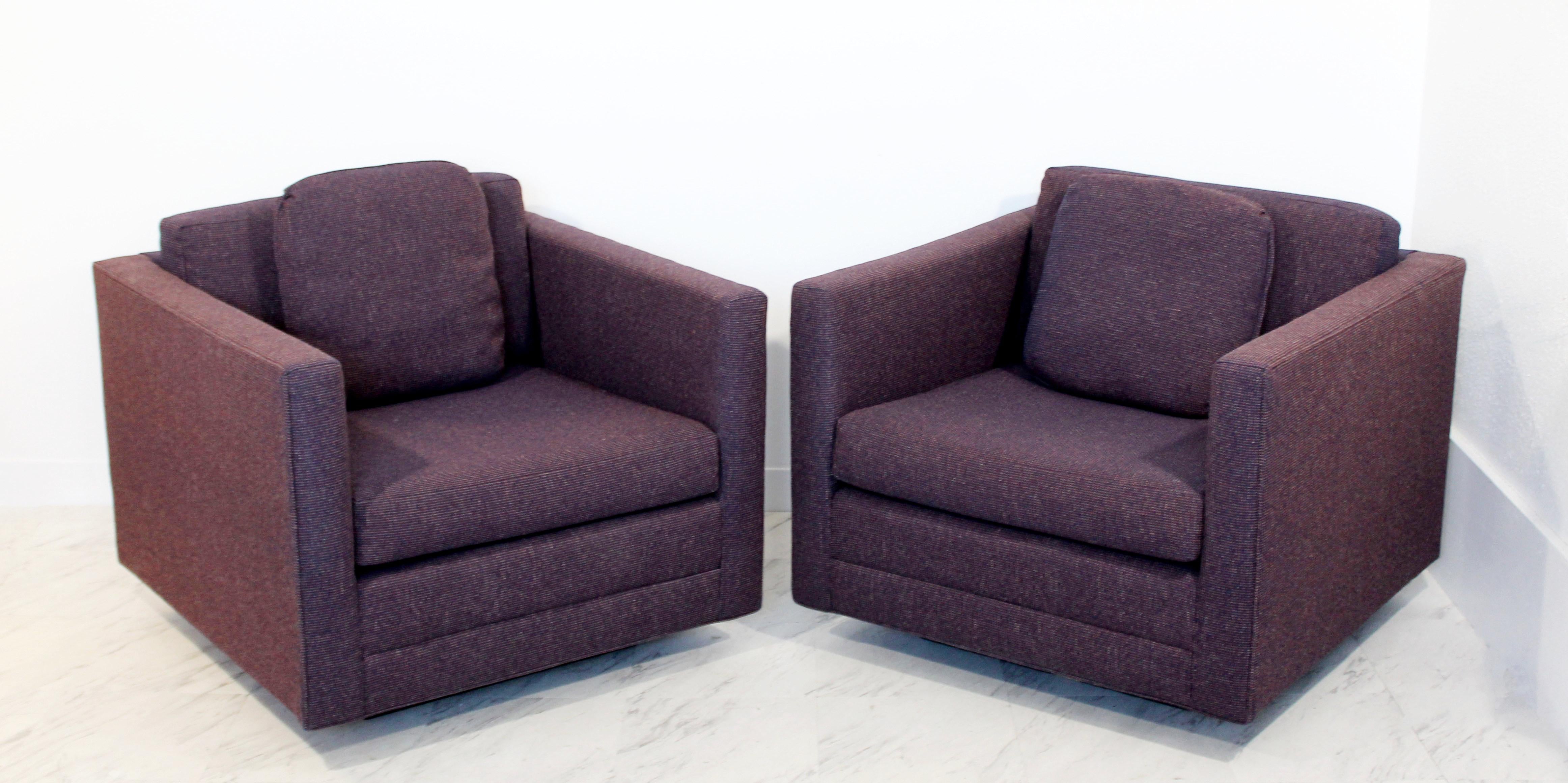 For your consideration is a fantastic pair of purple, floating cubes chairs, on plinth bases, by Edward Axel Roffman, circa the 1960s. In excellent condition. The dimensions are 32.5