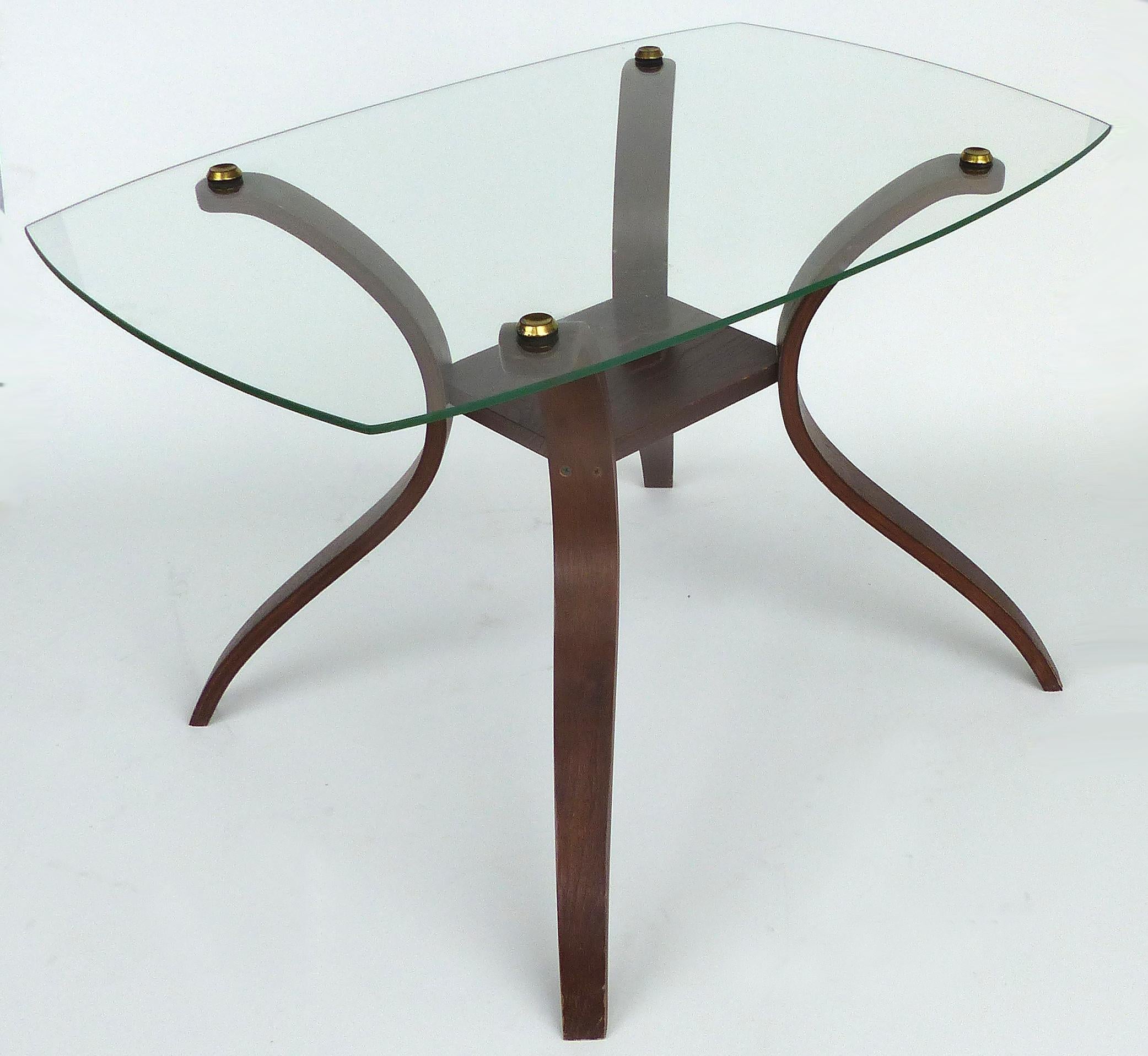 Veneer Mid-Century Modern Floating Glass, Brass and Bentwood Side Tables, Pair