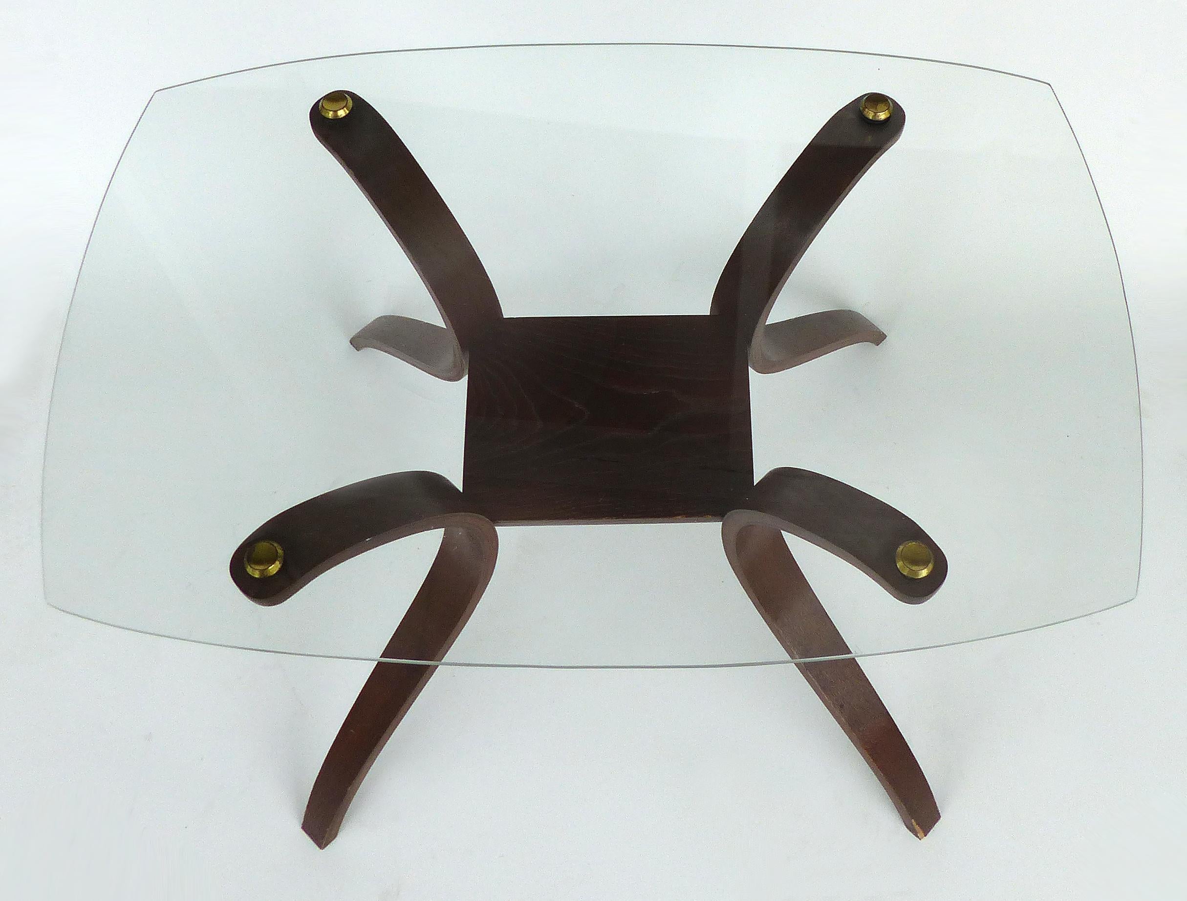 Mid-Century Modern Floating Glass, Brass and Bentwood Side Tables, Pair In Good Condition In Miami, FL