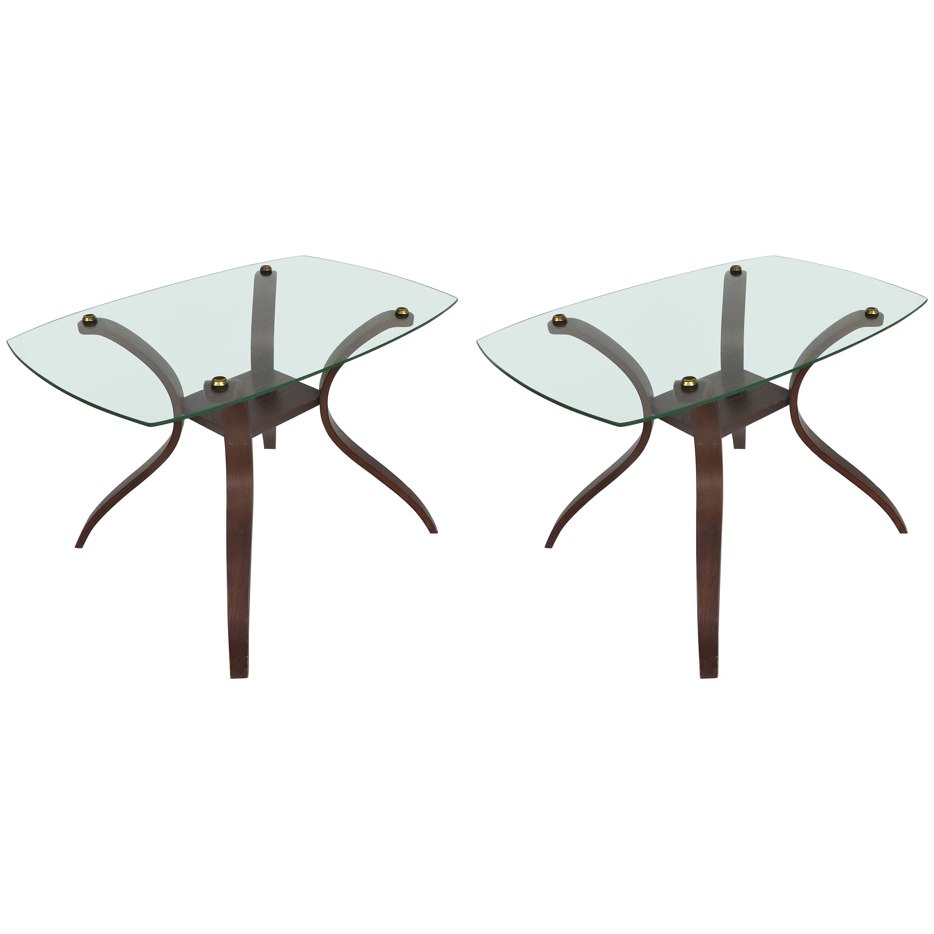 MidCentury Modern Floating Glass, Brass and Bentwood Side Tables, Pair