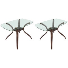 Mid-Century Modern Floating Glass, Brass and Bentwood Side Tables, Pair