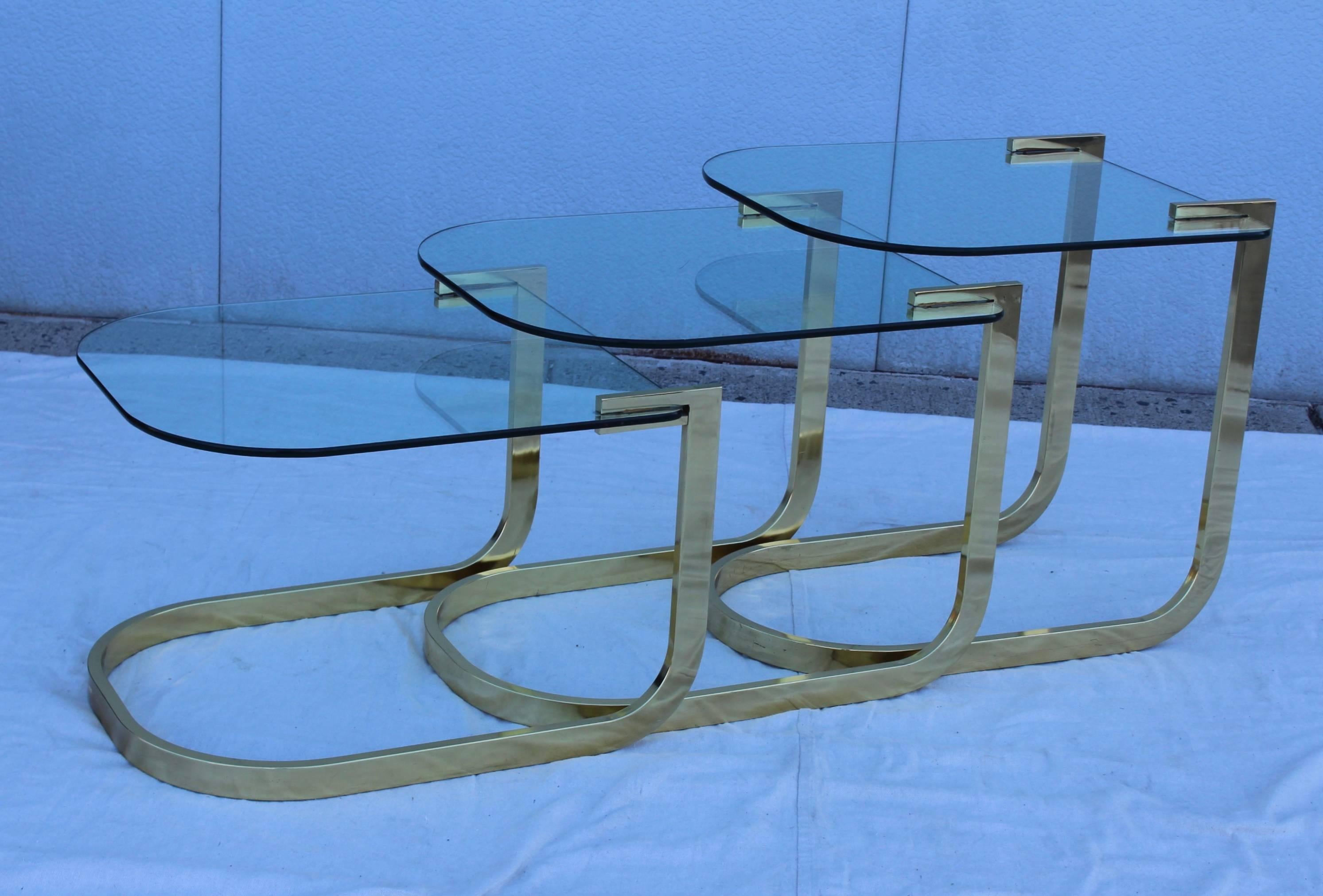 American 1980's Floating Brass and Glass Nesting Tables