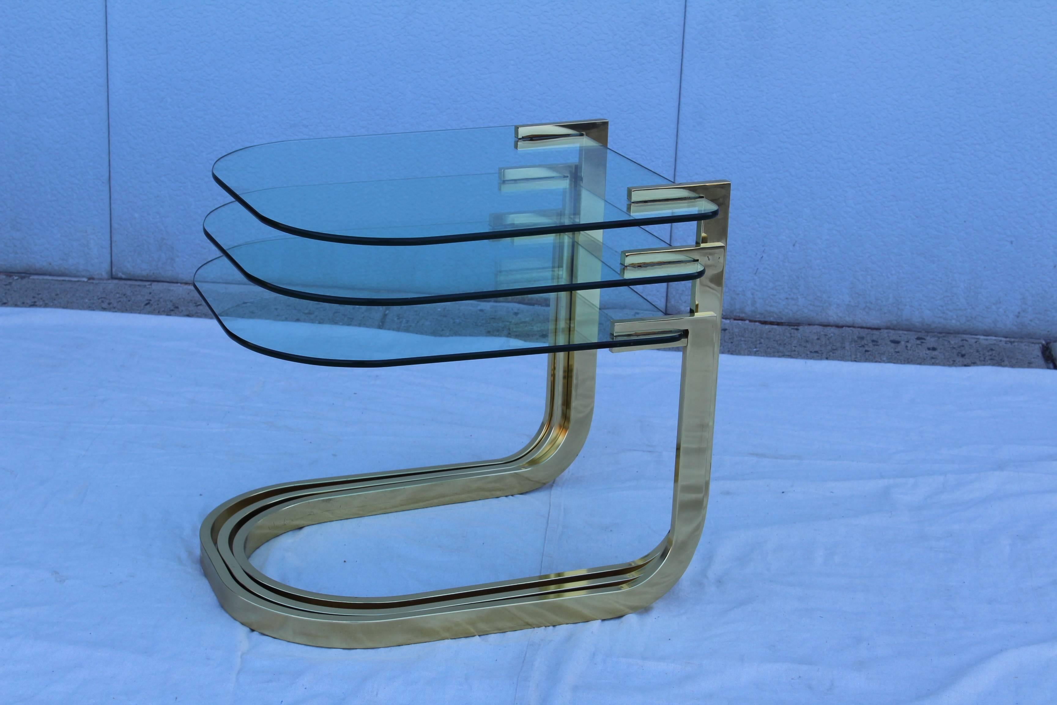 1980's Floating Brass and Glass Nesting Tables 2
