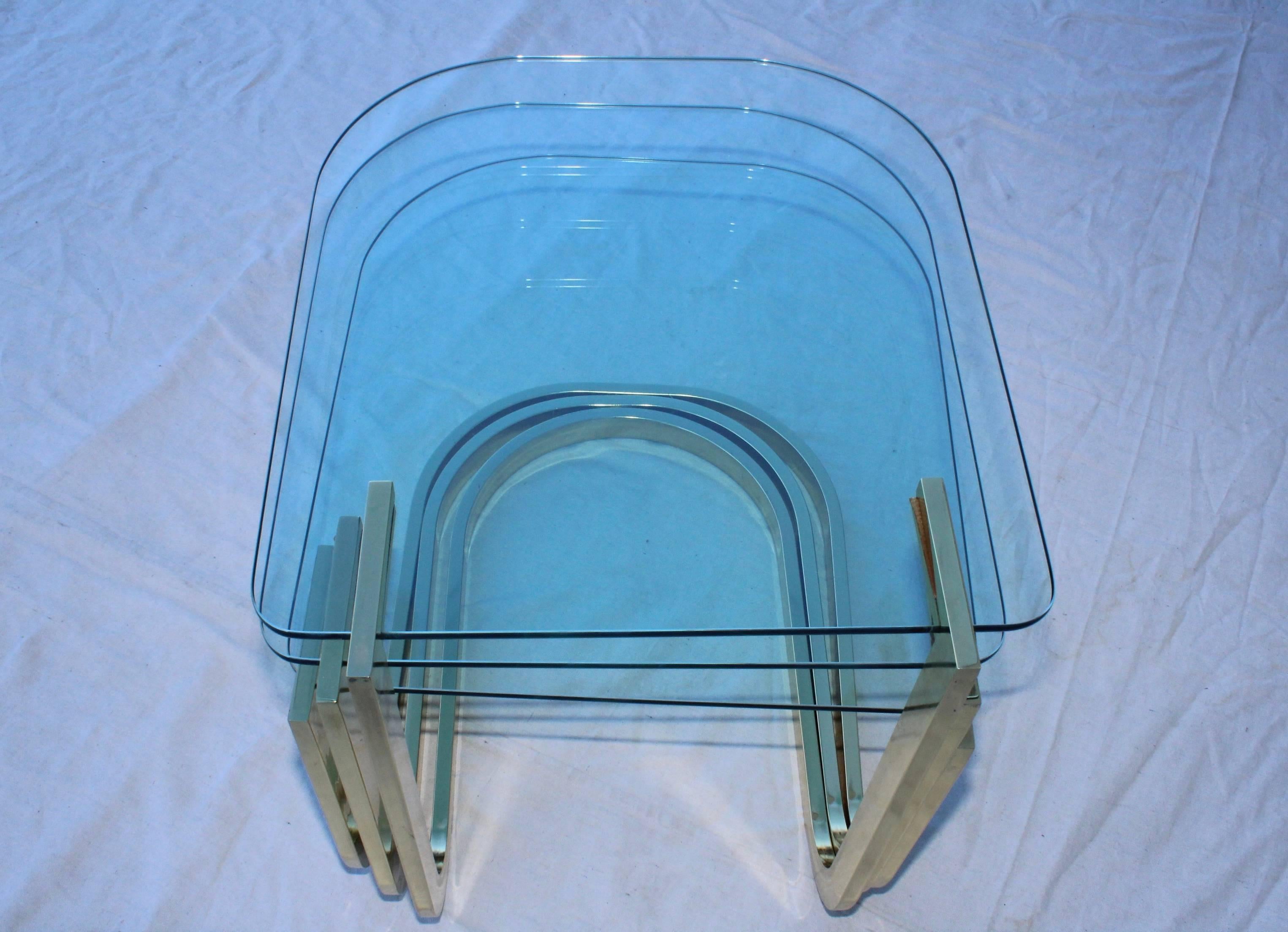 1980's Floating Brass and Glass Nesting Tables 3