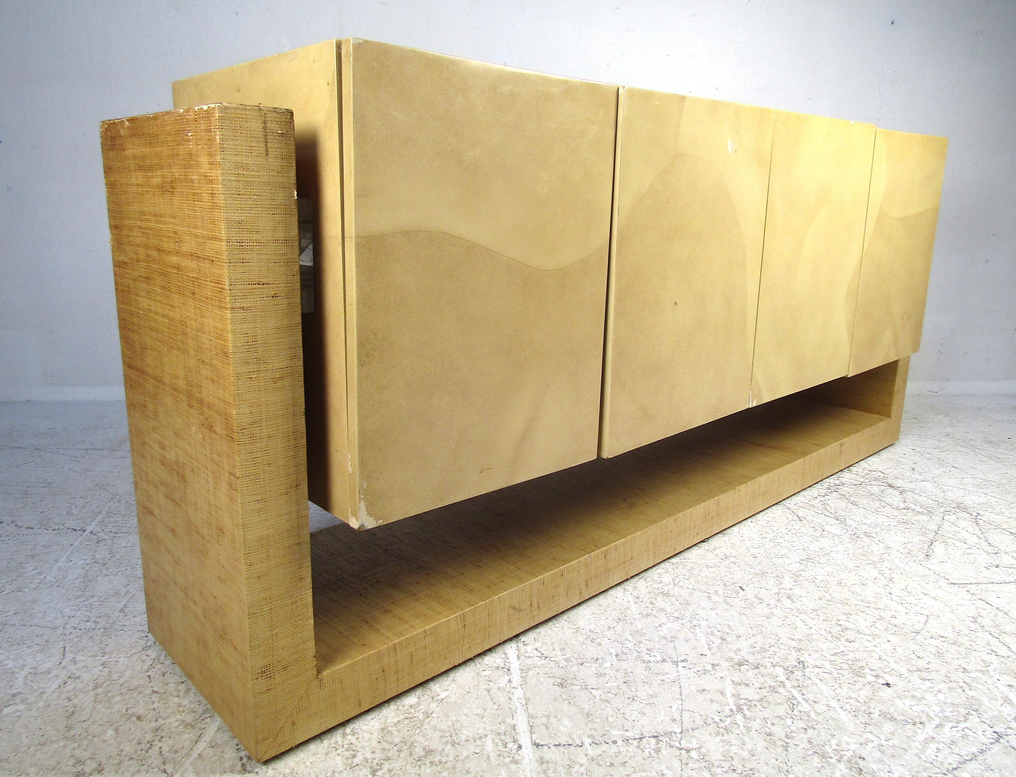 Mid-Century Modern Floating Karl Springer Style Lacquered Goatskin Credenza For Sale 2