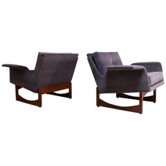 Pair of Mid-Century Modern 
Floating
 Lounge Chairs in Walnut and Velvet