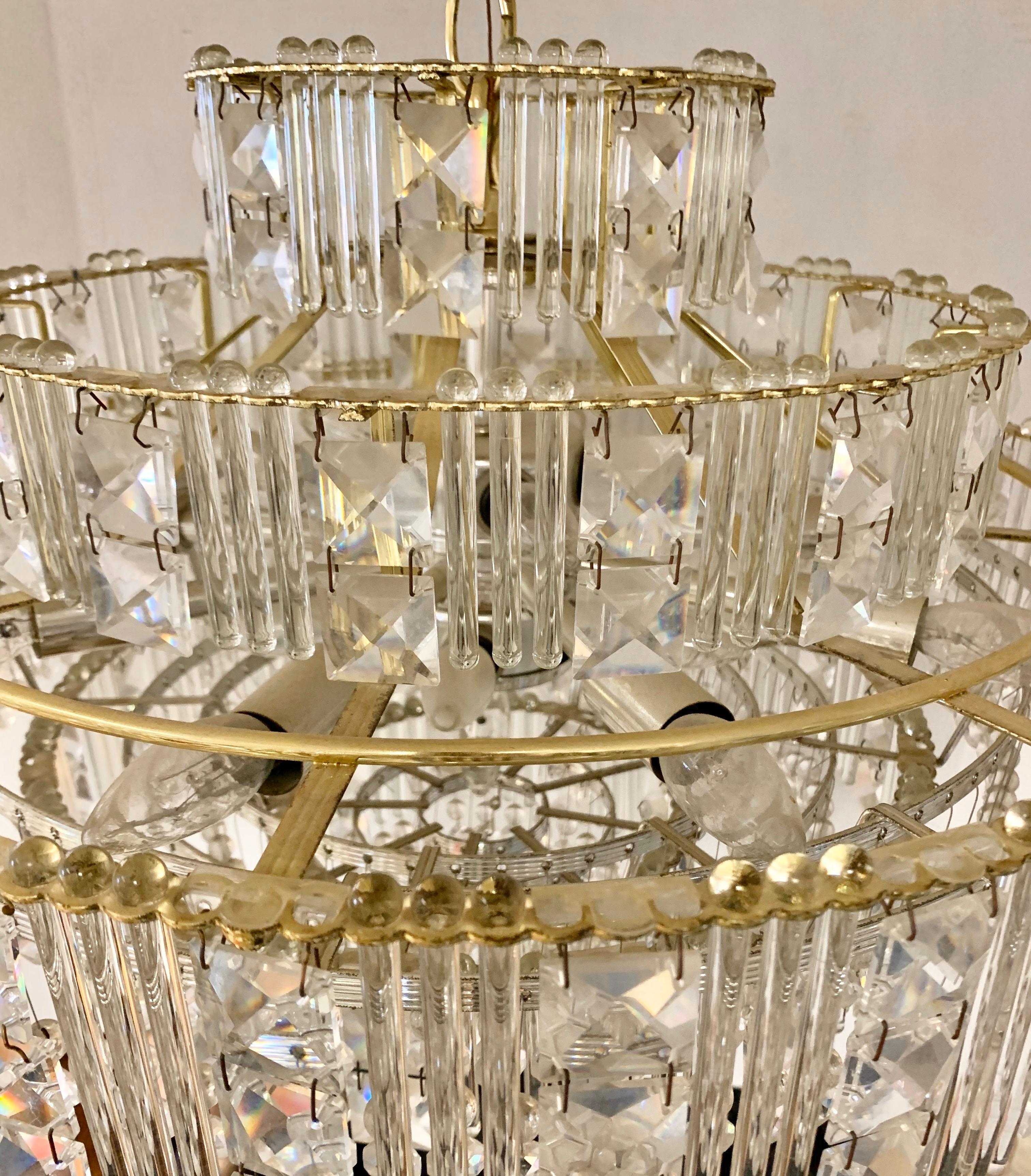 Brass Mid-Century Modern Floating Three-Tiered Crystal Wedding Cake Chandelier