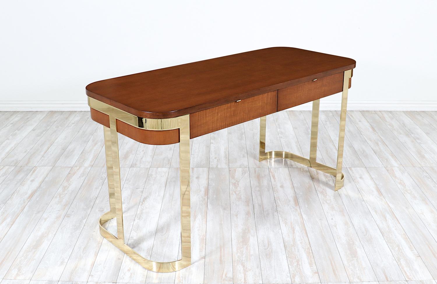 American Expertly Restored - Mid-Century Modern Floating-Top Desk with Brass Accent For Sale