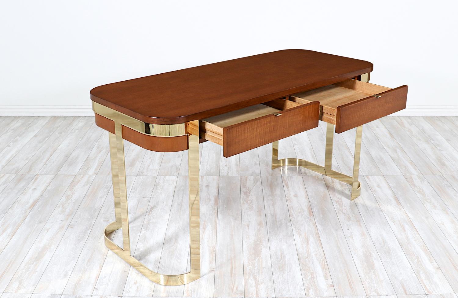 Polished Expertly Restored - Mid-Century Modern Floating-Top Desk with Brass Accent For Sale