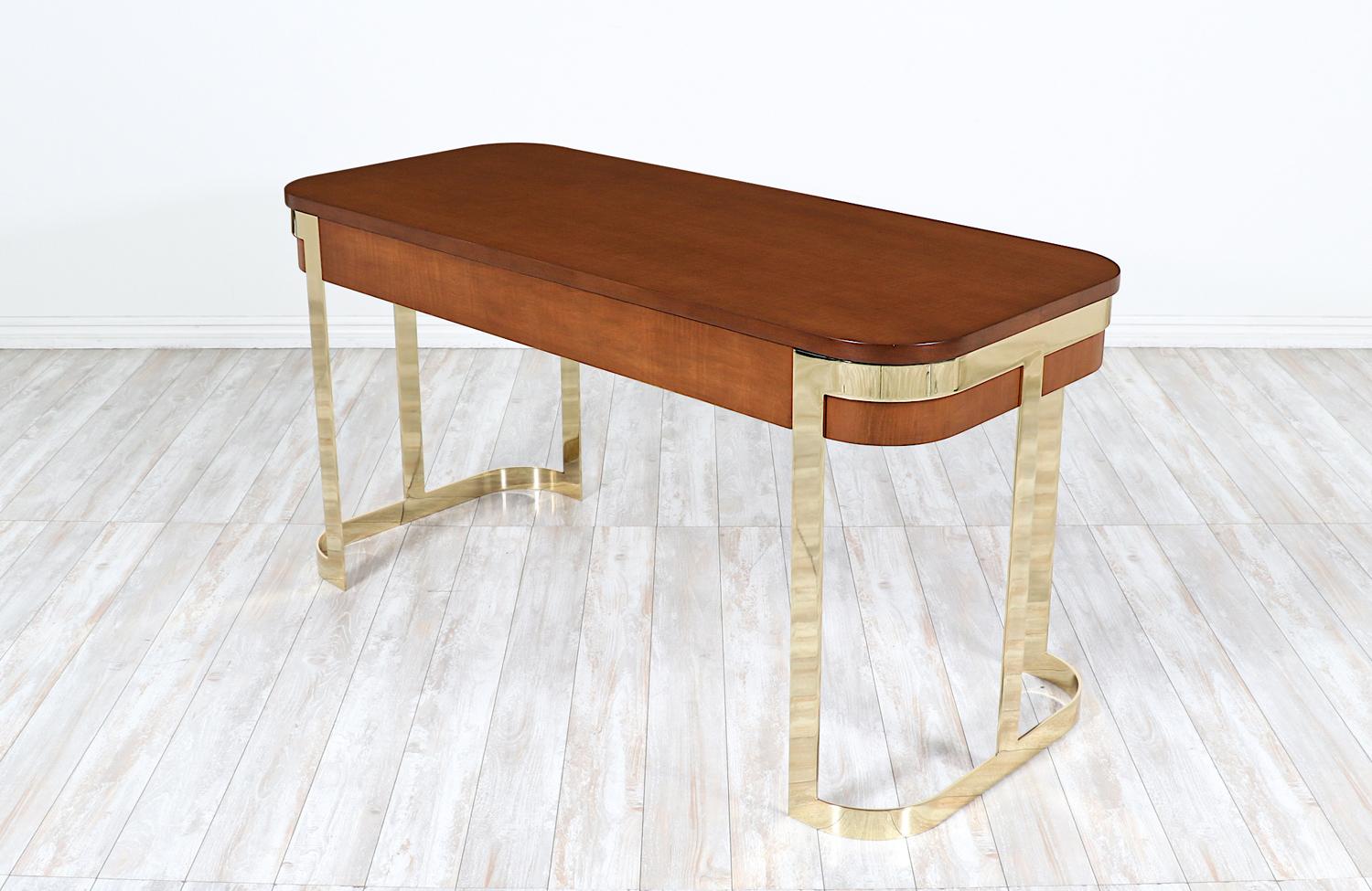 Expertly Restored - Mid-Century Modern Floating-Top Desk with Brass Accent In Excellent Condition For Sale In Los Angeles, CA