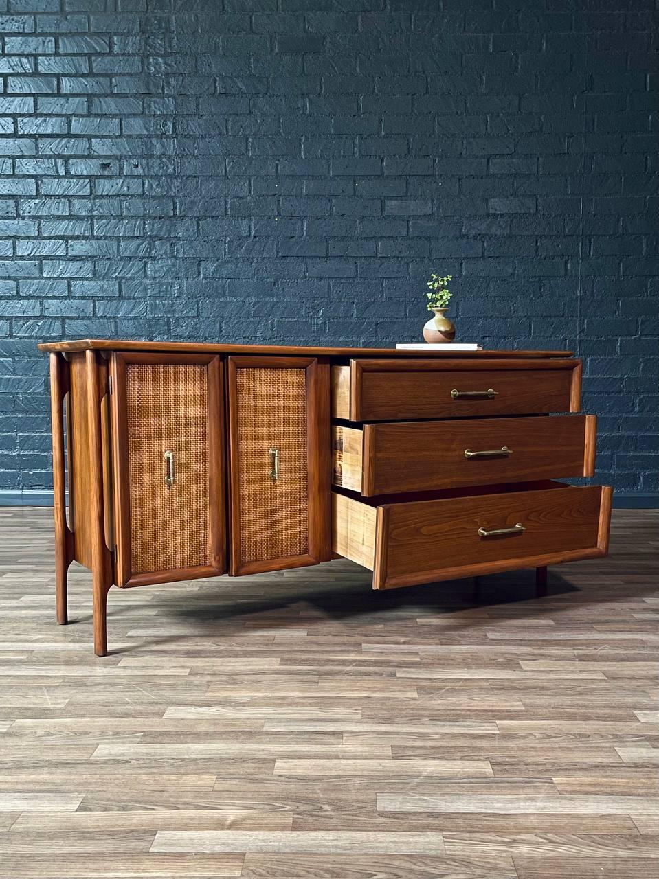 American Newly Refinished - Mid-Century Modern Floating Top Walnut Dresser w/ Cane Doors For Sale