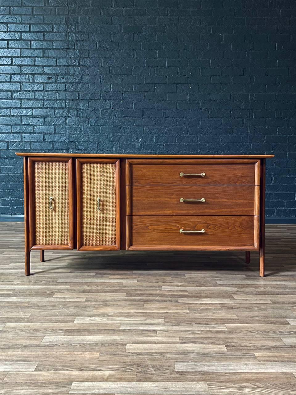 Mid-20th Century Newly Refinished - Mid-Century Modern Floating Top Walnut Dresser w/ Cane Doors For Sale