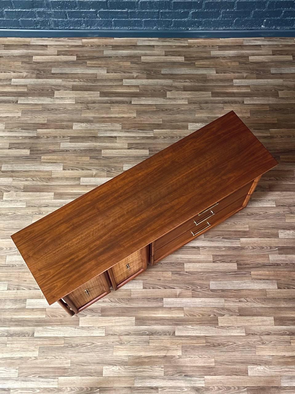 Brass Newly Refinished - Mid-Century Modern Floating Top Walnut Dresser w/ Cane Doors For Sale