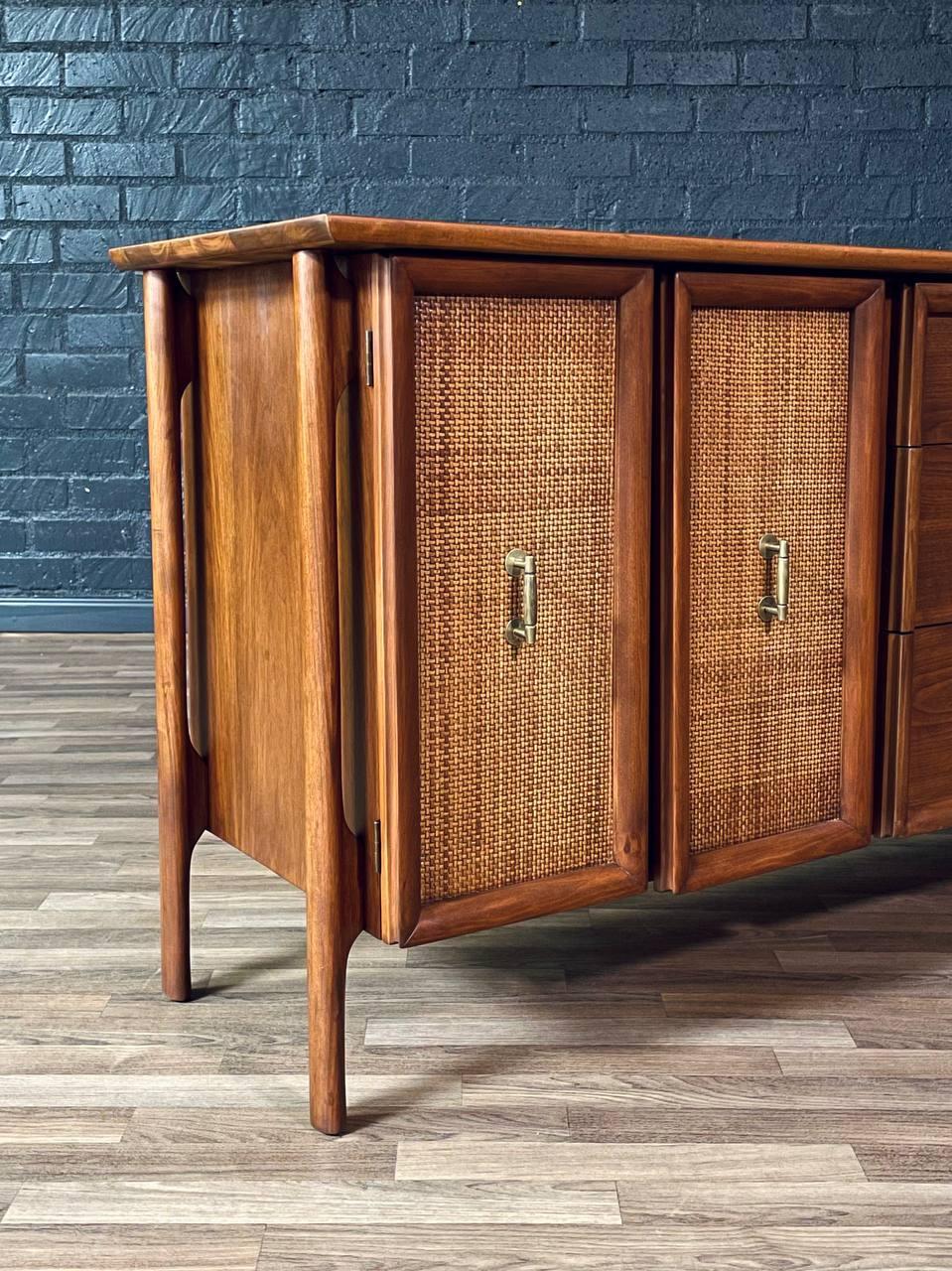 Newly Refinished - Mid-Century Modern Floating Top Walnut Dresser w/ Cane Doors For Sale 1