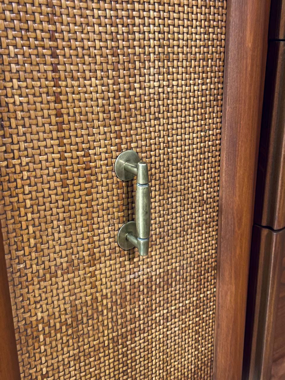 Newly Refinished - Mid-Century Modern Floating Top Walnut Dresser w/ Cane Doors For Sale 3