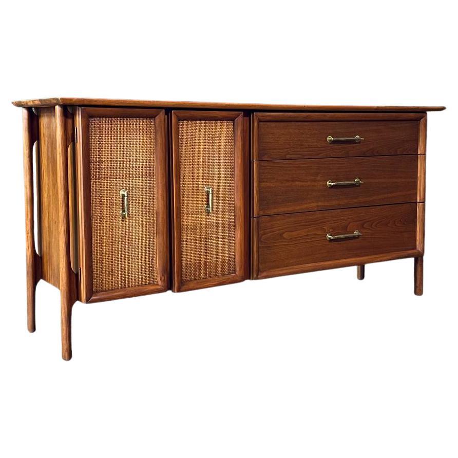 Newly Refinished - Mid-Century Modern Floating Top Walnut Dresser w/ Cane Doors For Sale