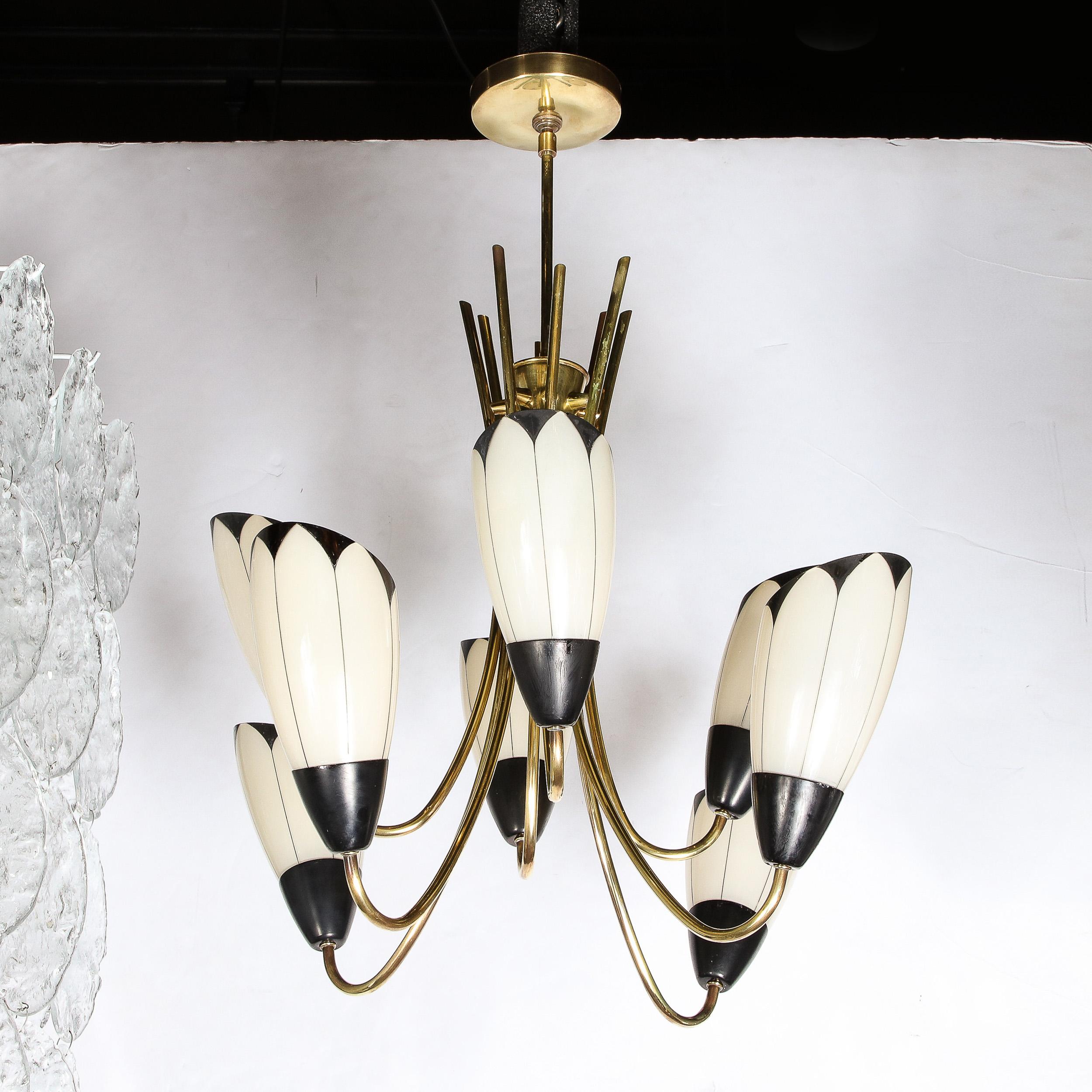 Mid-Century Modern Floating Tulip Chandelier in Frosted Glass & Black Enamel 5