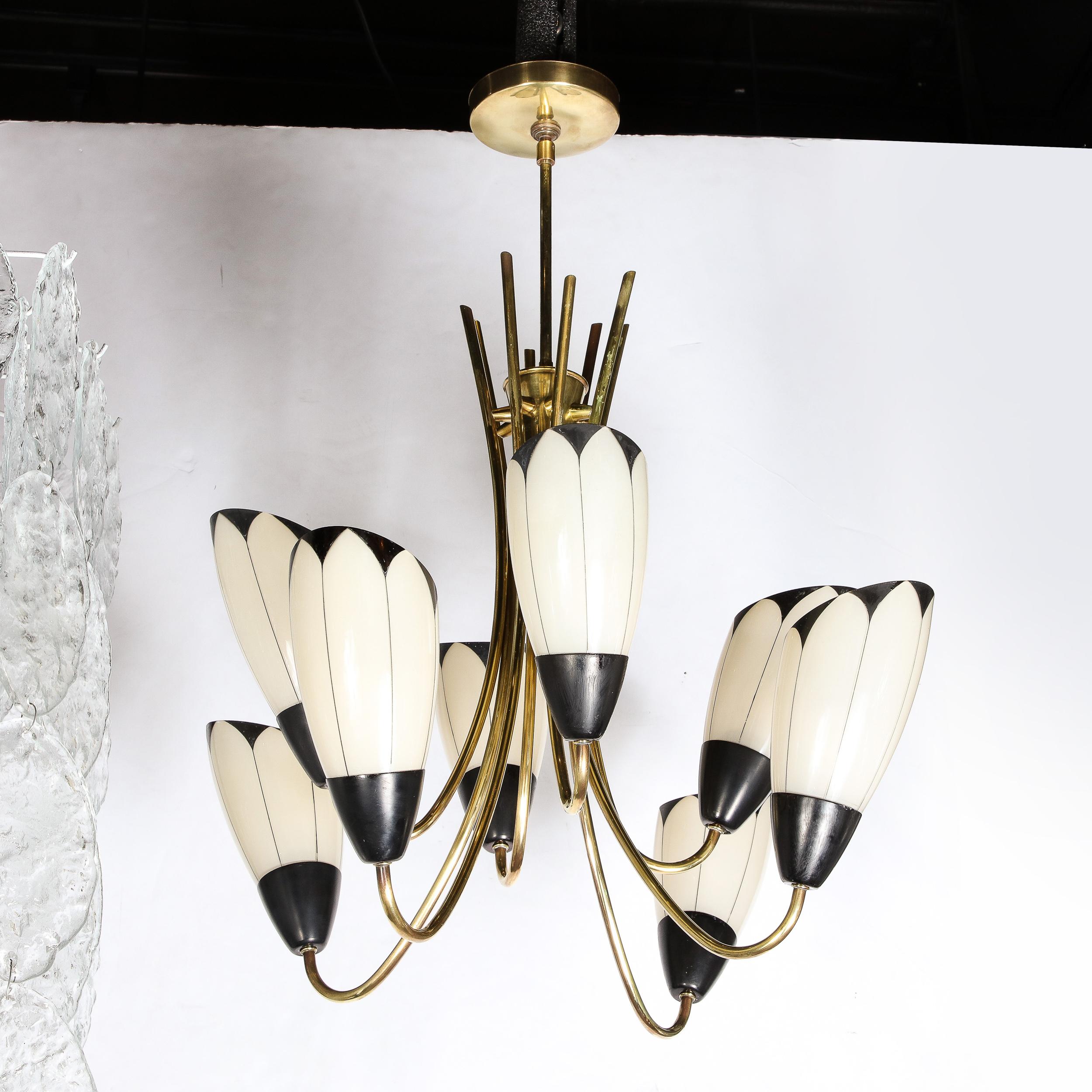 Mid-Century Modern Floating Tulip Chandelier in Frosted Glass & Black Enamel 7