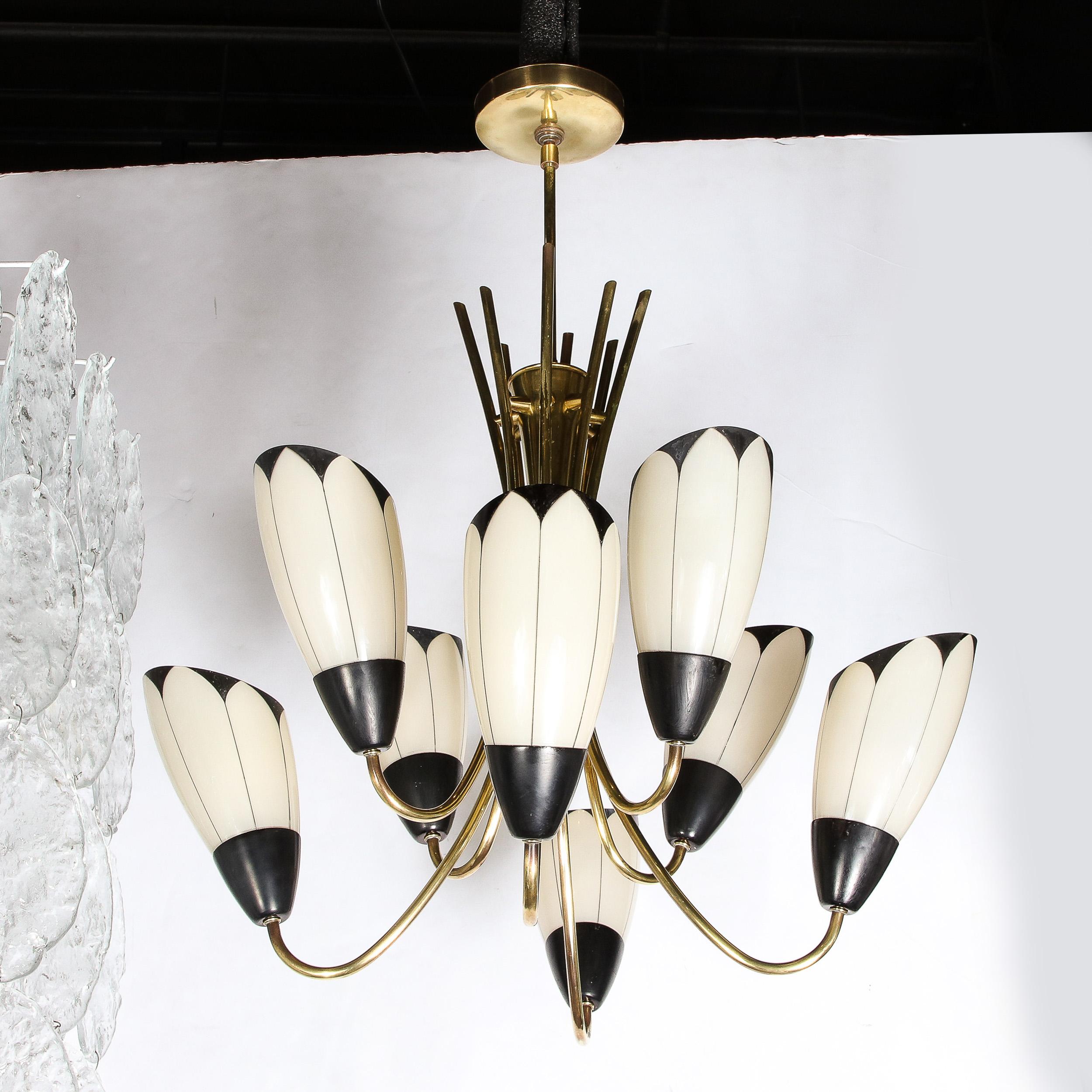 Mid-Century Modern Floating Tulip Chandelier in Frosted Glass & Black Enamel 8