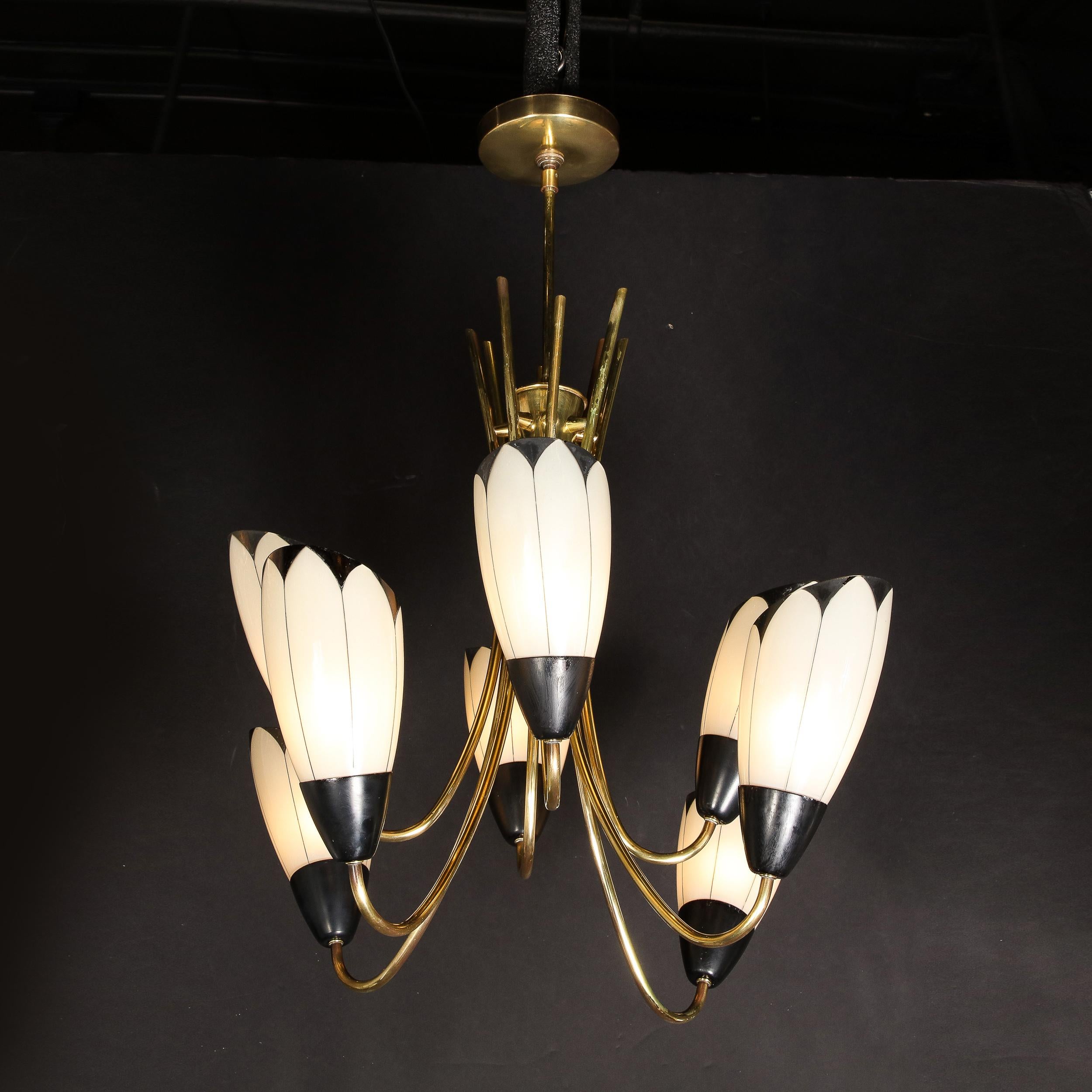 French Mid-Century Modern Floating Tulip Chandelier in Frosted Glass & Black Enamel For Sale