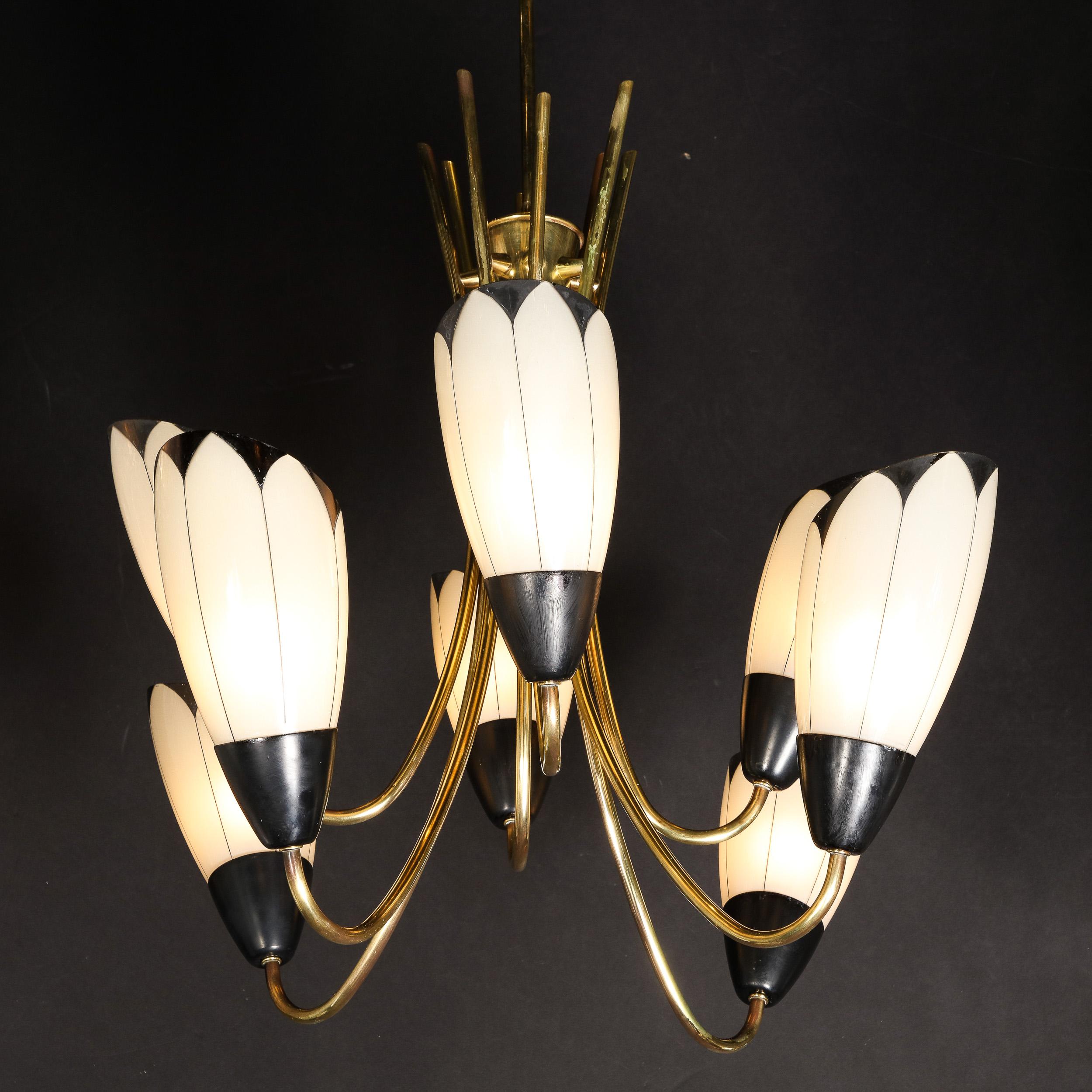 French Mid-Century Modern Floating Tulip Chandelier in Frosted Glass & Black Enamel