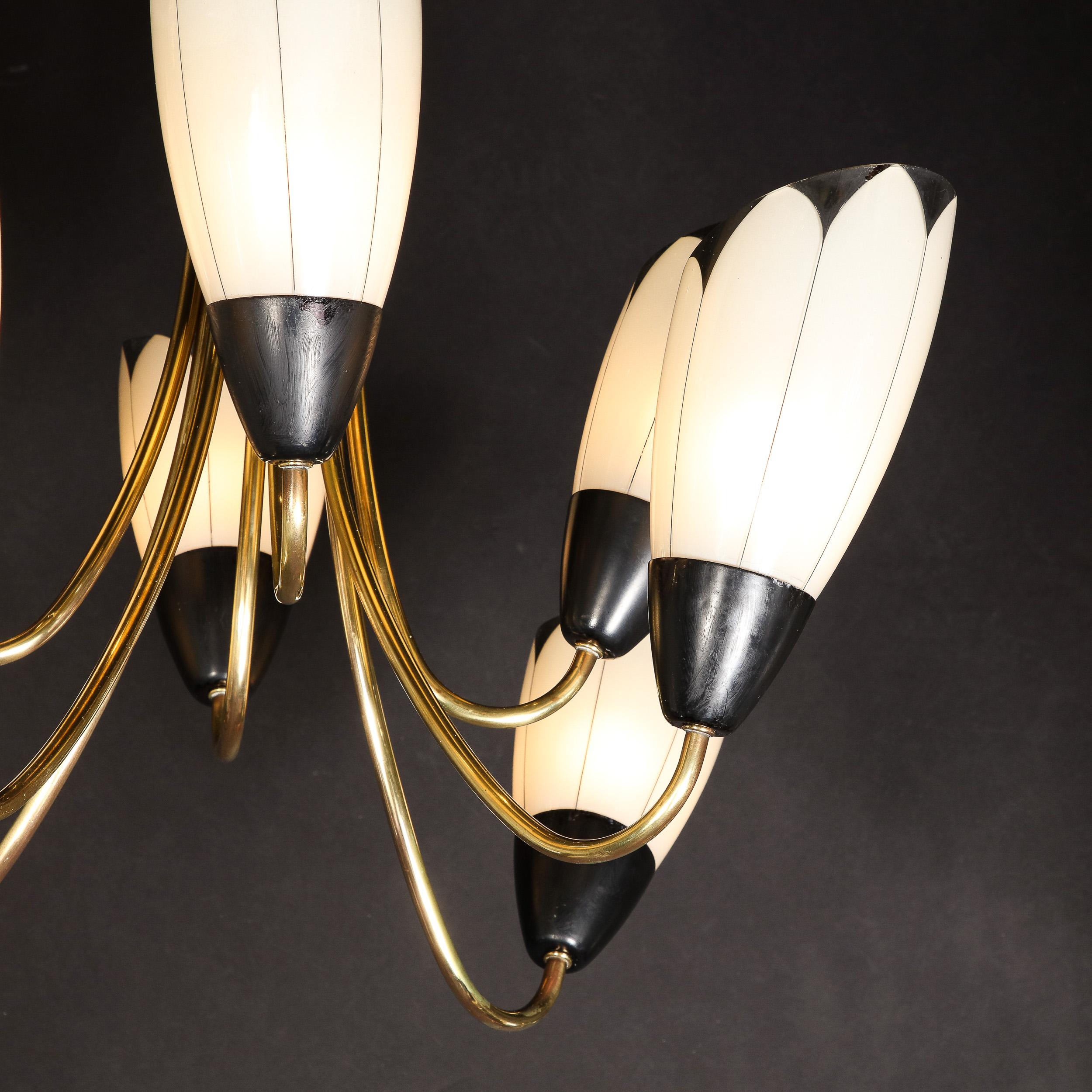 Mid-Century Modern Floating Tulip Chandelier in Frosted Glass & Black Enamel In Excellent Condition In New York, NY