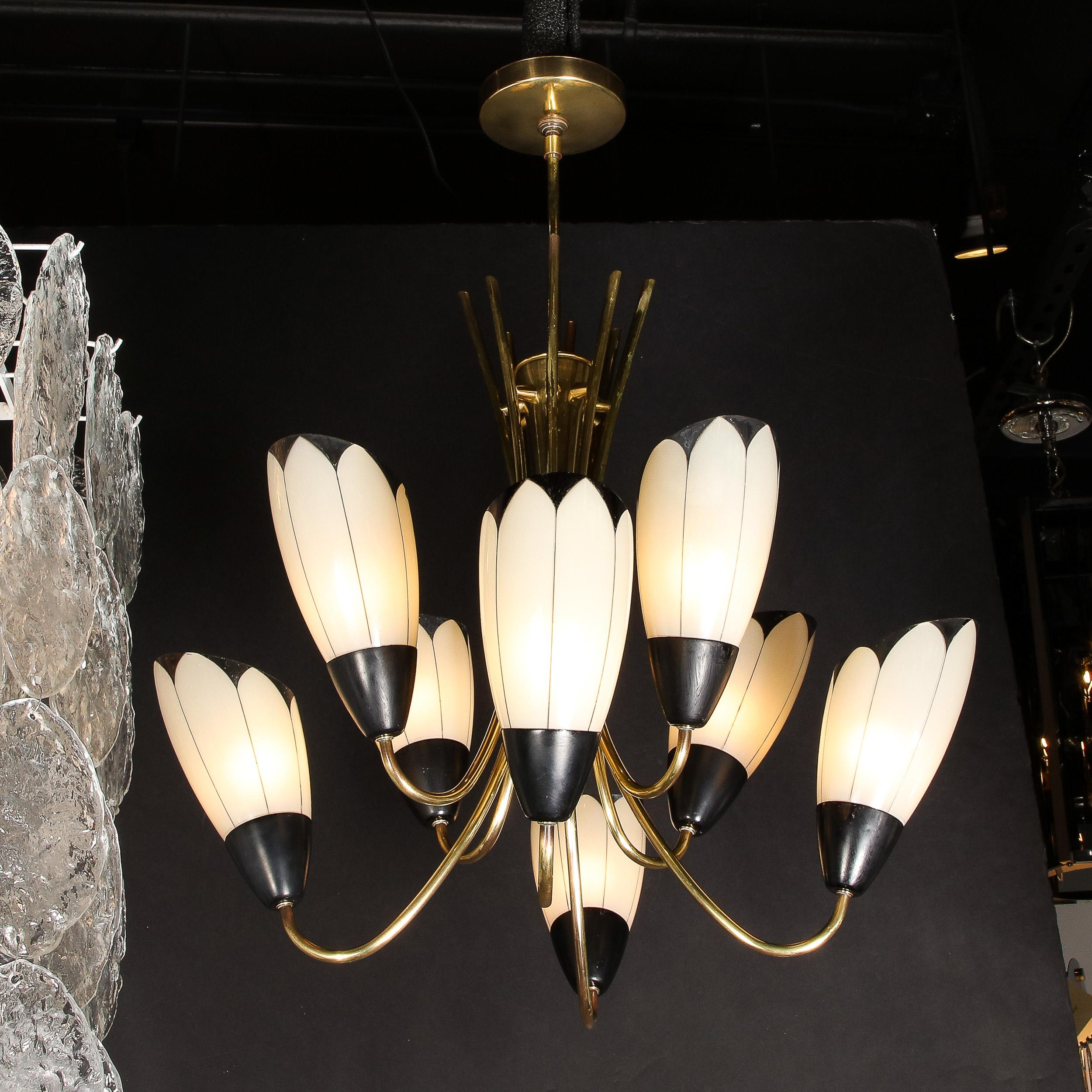 Mid-20th Century Mid-Century Modern Floating Tulip Chandelier in Frosted Glass & Black Enamel