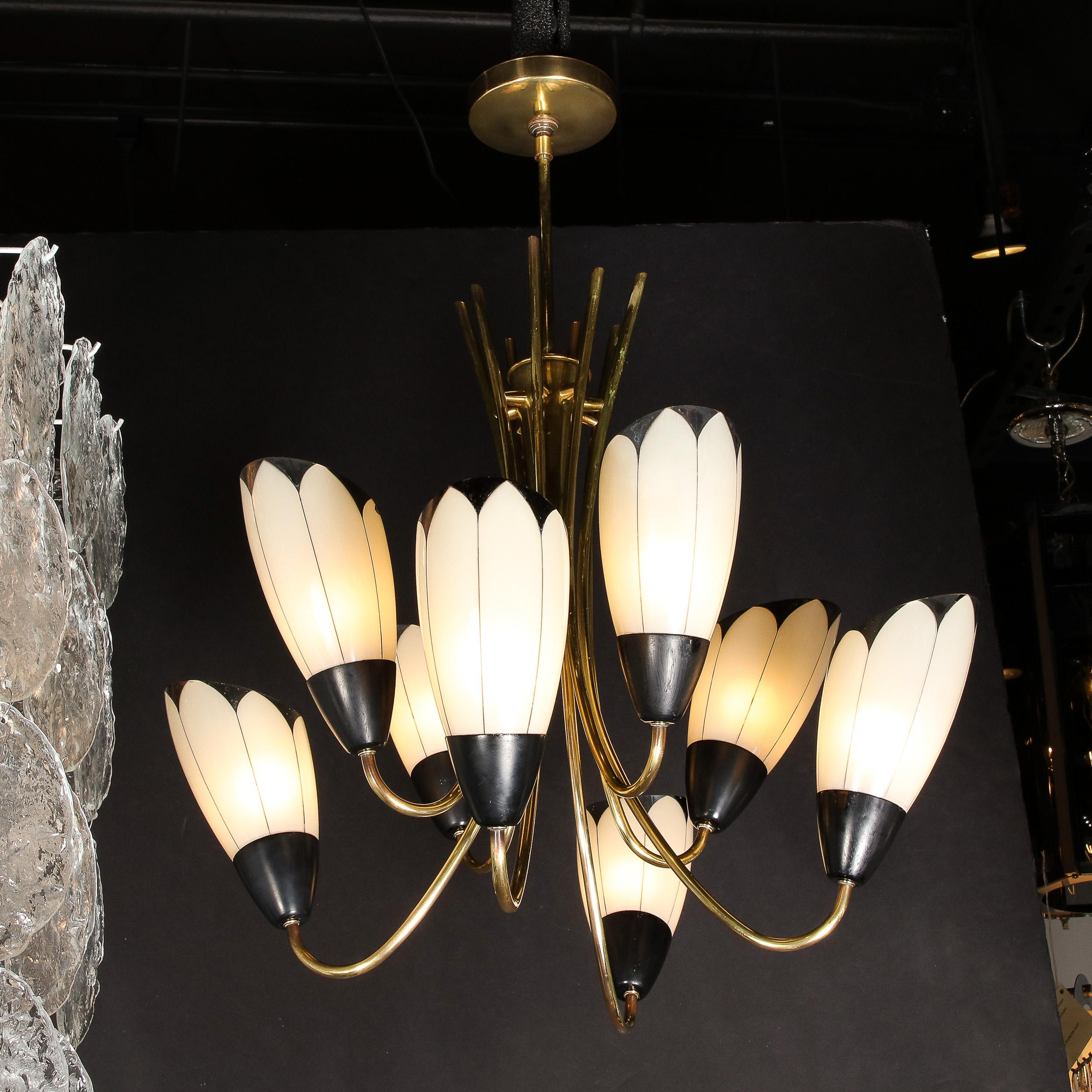 Mid-Century Modern Floating Tulip Chandelier in Frosted Glass & Black Enamel For Sale 2