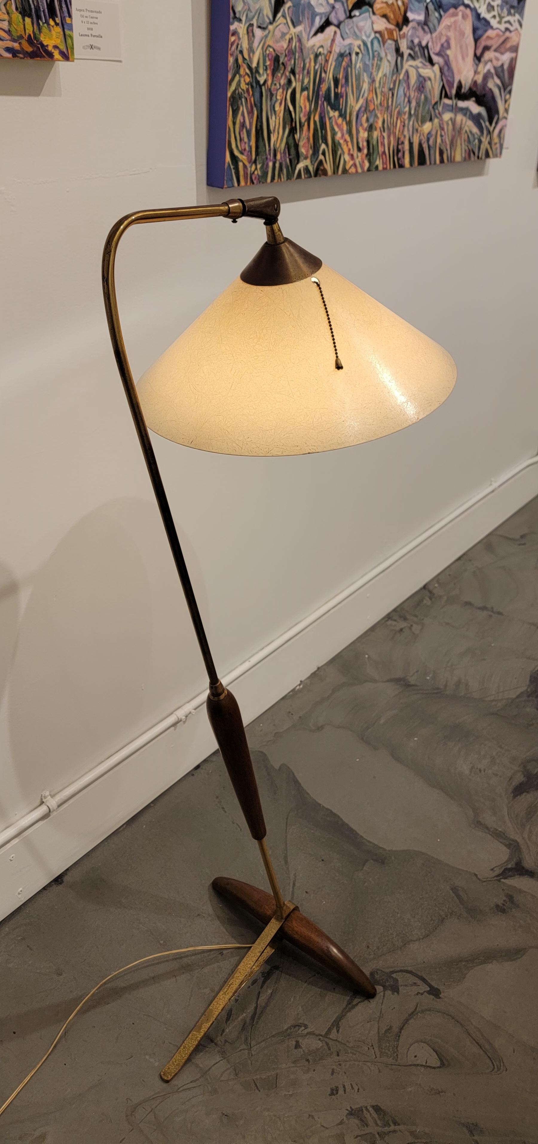 Brass Mid-Century Modern Floor / Bridge Lamp Fiberglass & Walnut For Sale