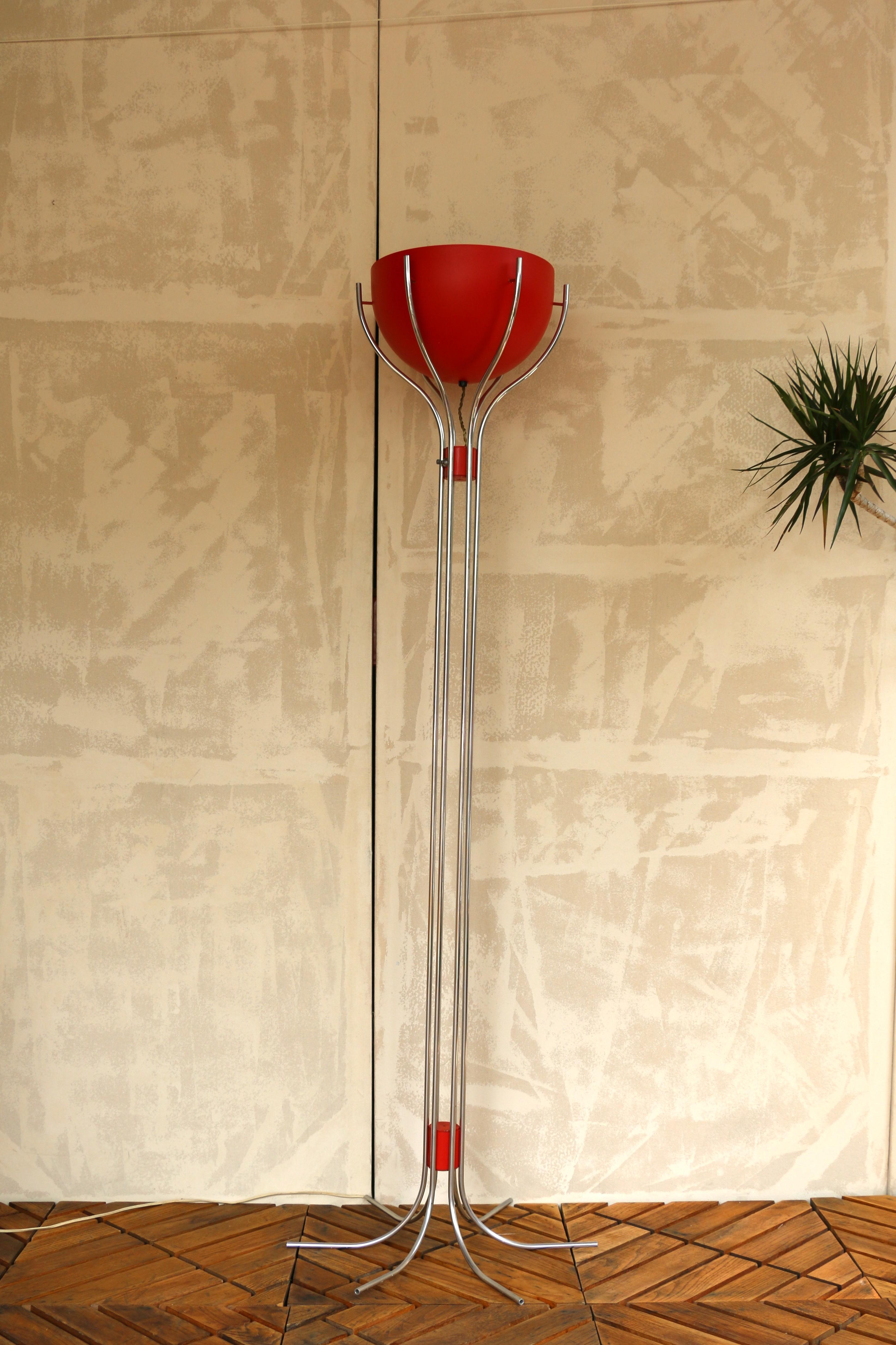 Introducing this distinctive red floor lamp featuring bowl-shaped uplighter shade and multiple aluminum slender, stems forming its base and structure. This design style is often associated with Mid-Century Modern or Space Age aesthetics,