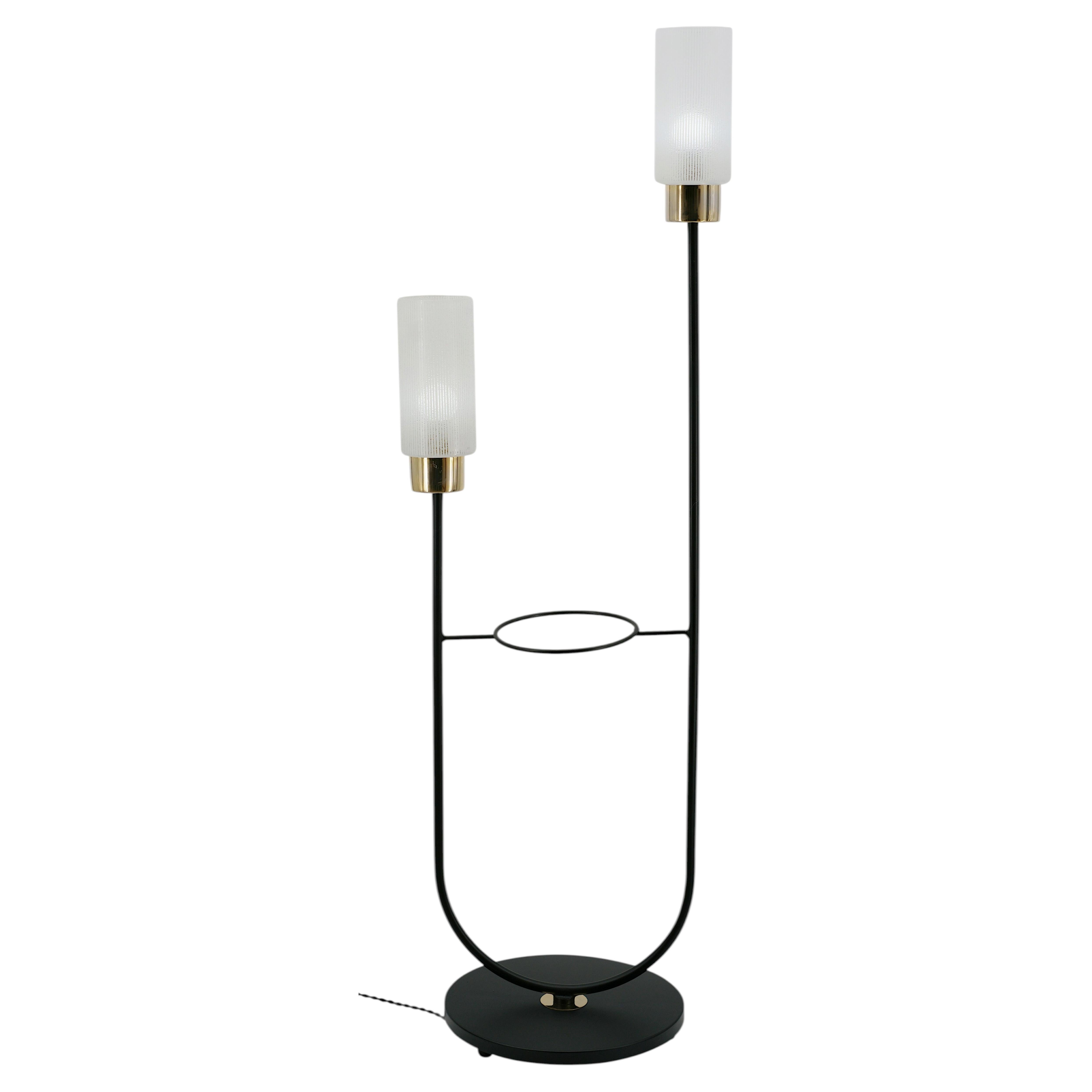Lampadaire moderne du milieu du siècle par Arlus, laiton et verre, France, années 1950