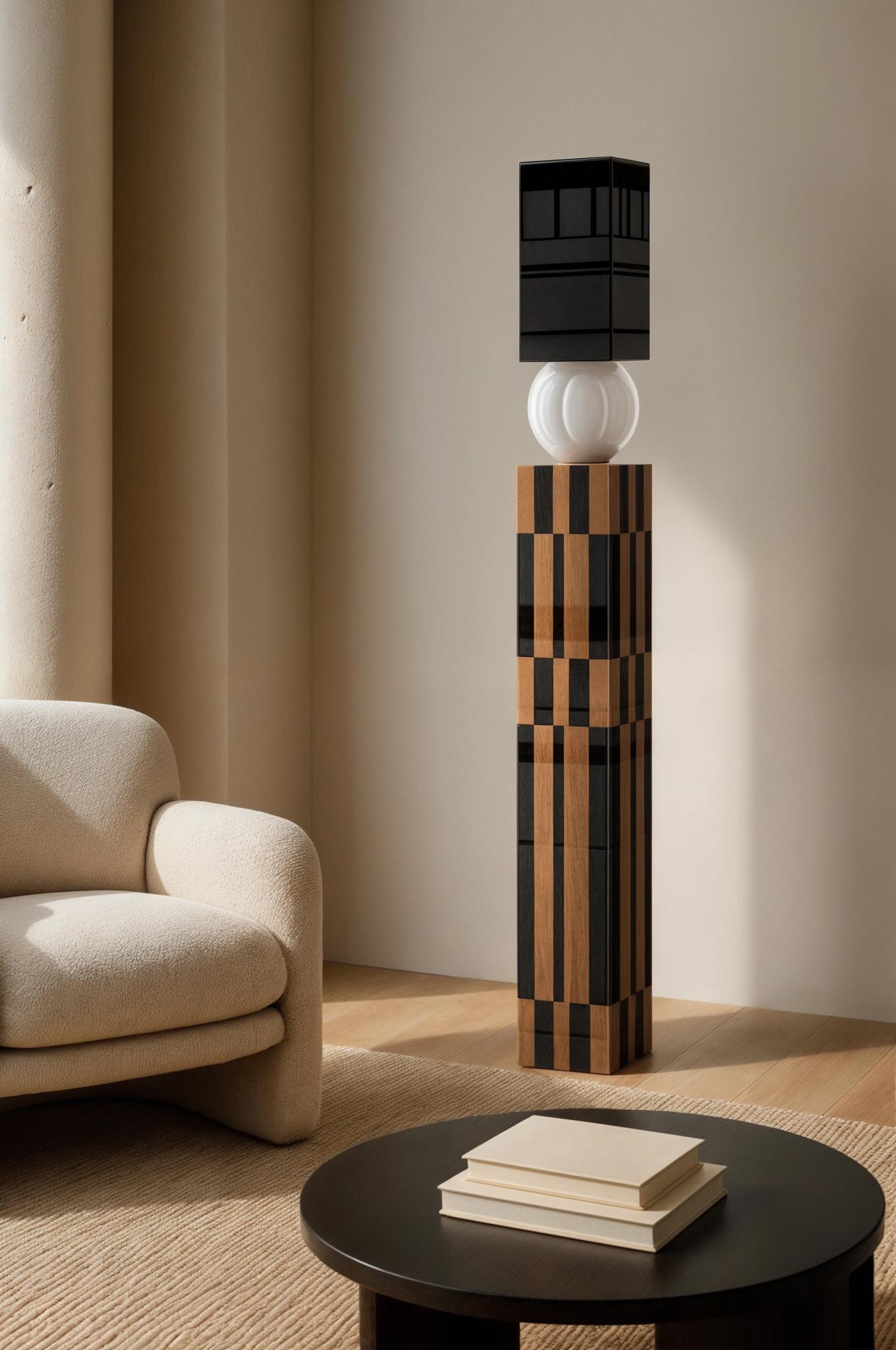 Mid-Century Modern Lampadaire Modernity Mid-Century Marqueterie de bois en damier Oeil d'oiseau noir et racine de frêne en vente