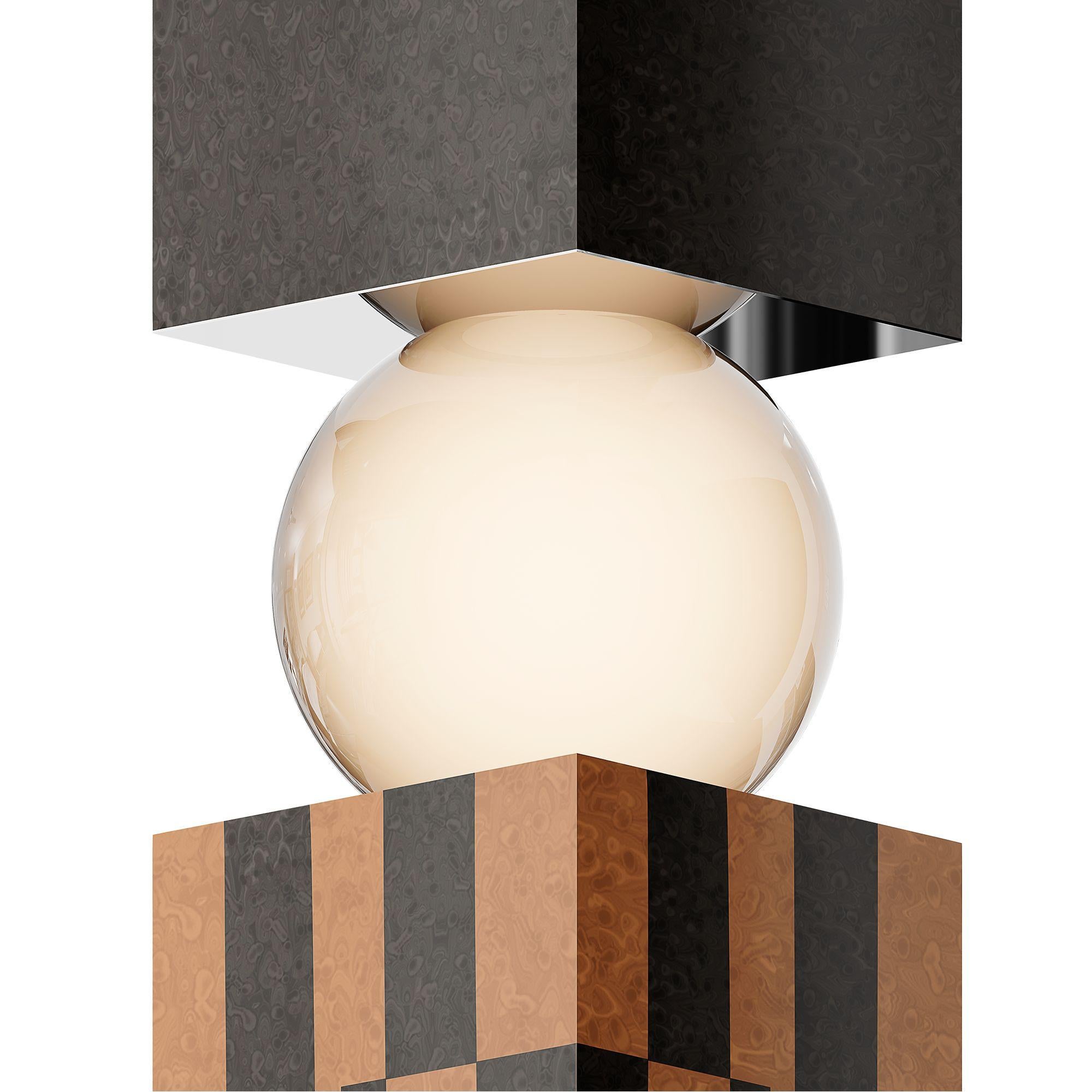 XXIe siècle et contemporain Lampadaire Modernity Mid-Century Marqueterie de bois en damier Oeil d'oiseau noir et racine de frêne en vente