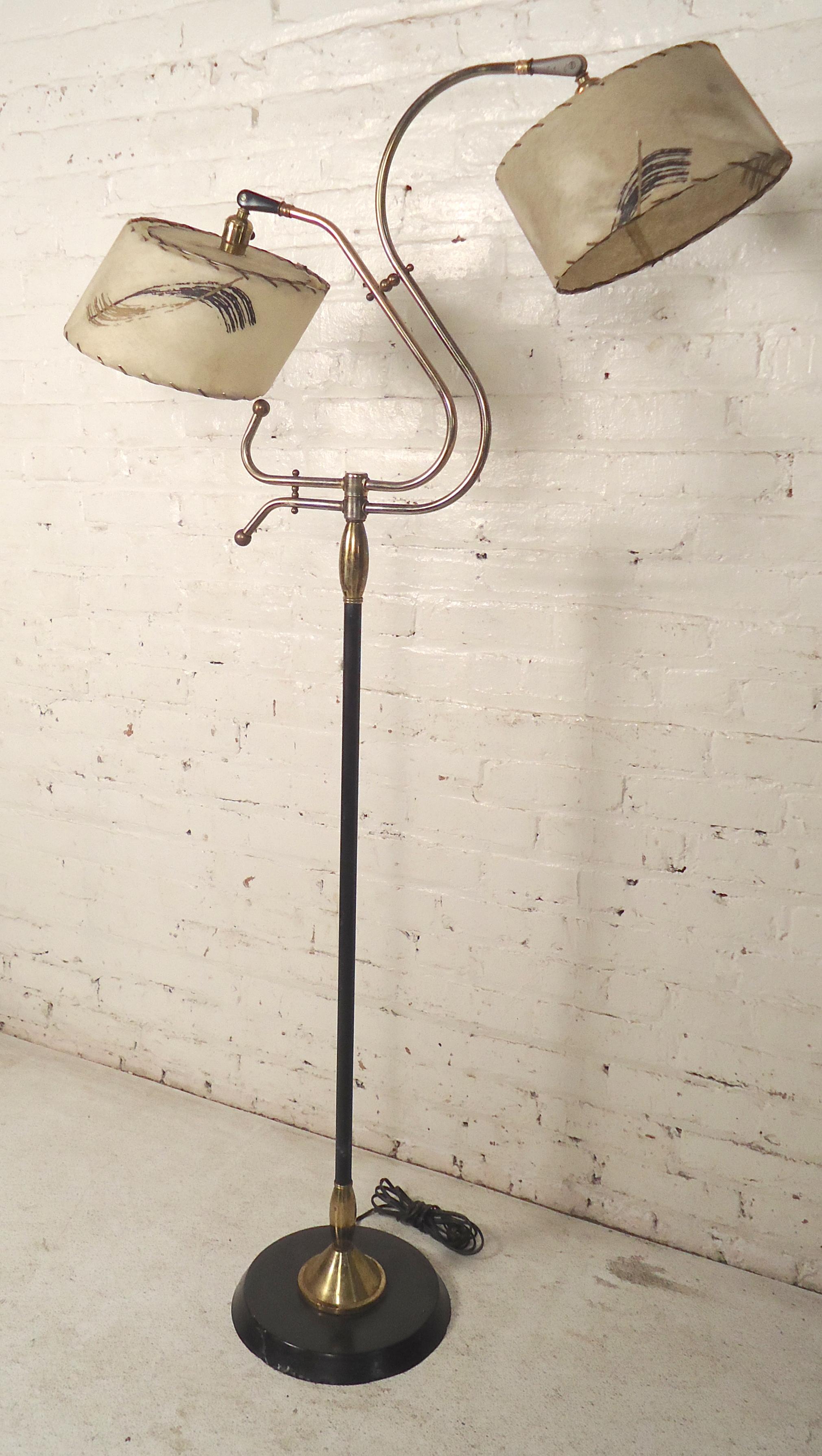 Vintage modern floor lamp with two sockets and original shades.
(Please confirm item location - NY or NJ - with dealer).
  