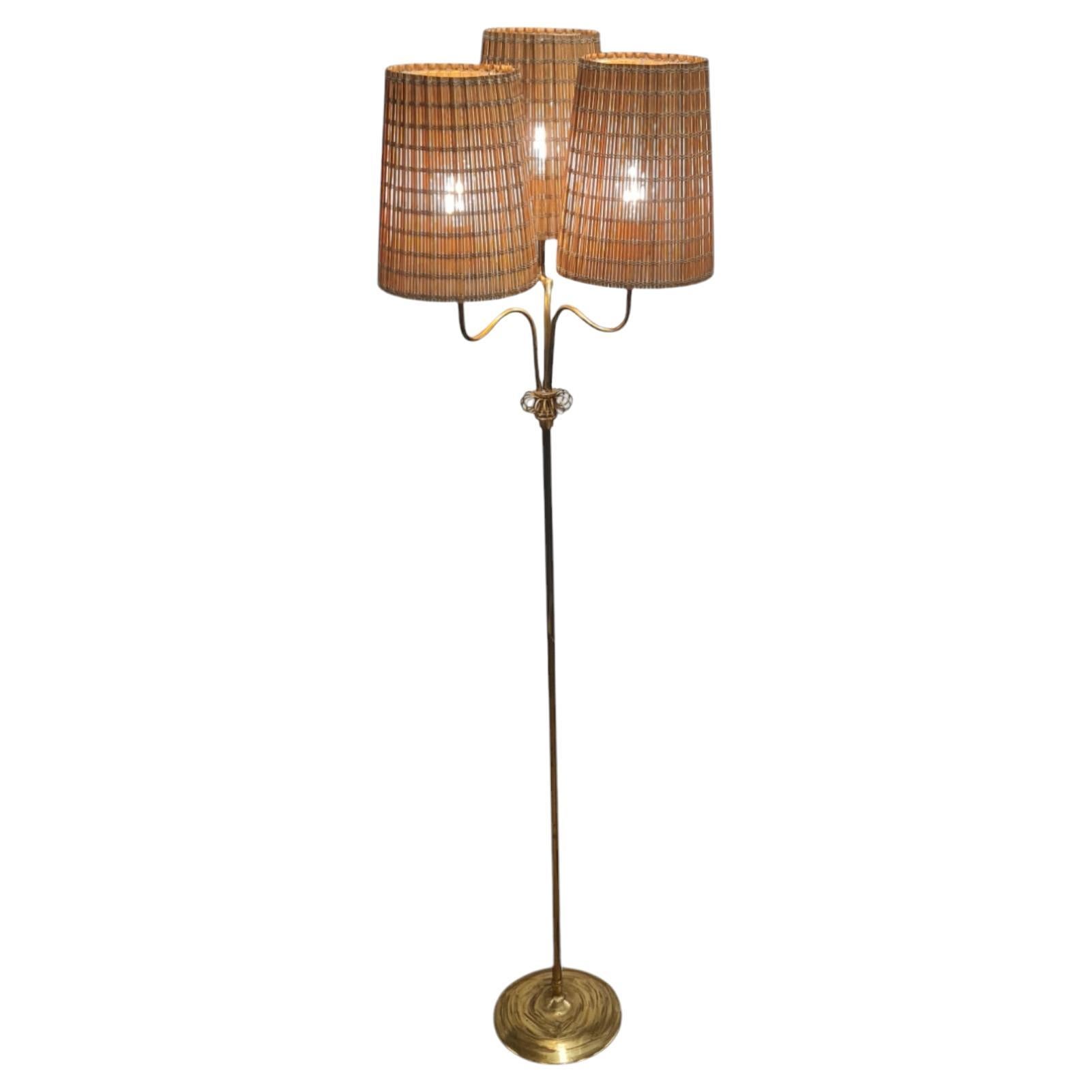 Mid-Century Modern Floor Lamp in Brass and Rattan, V. Soini, Finland 1950s