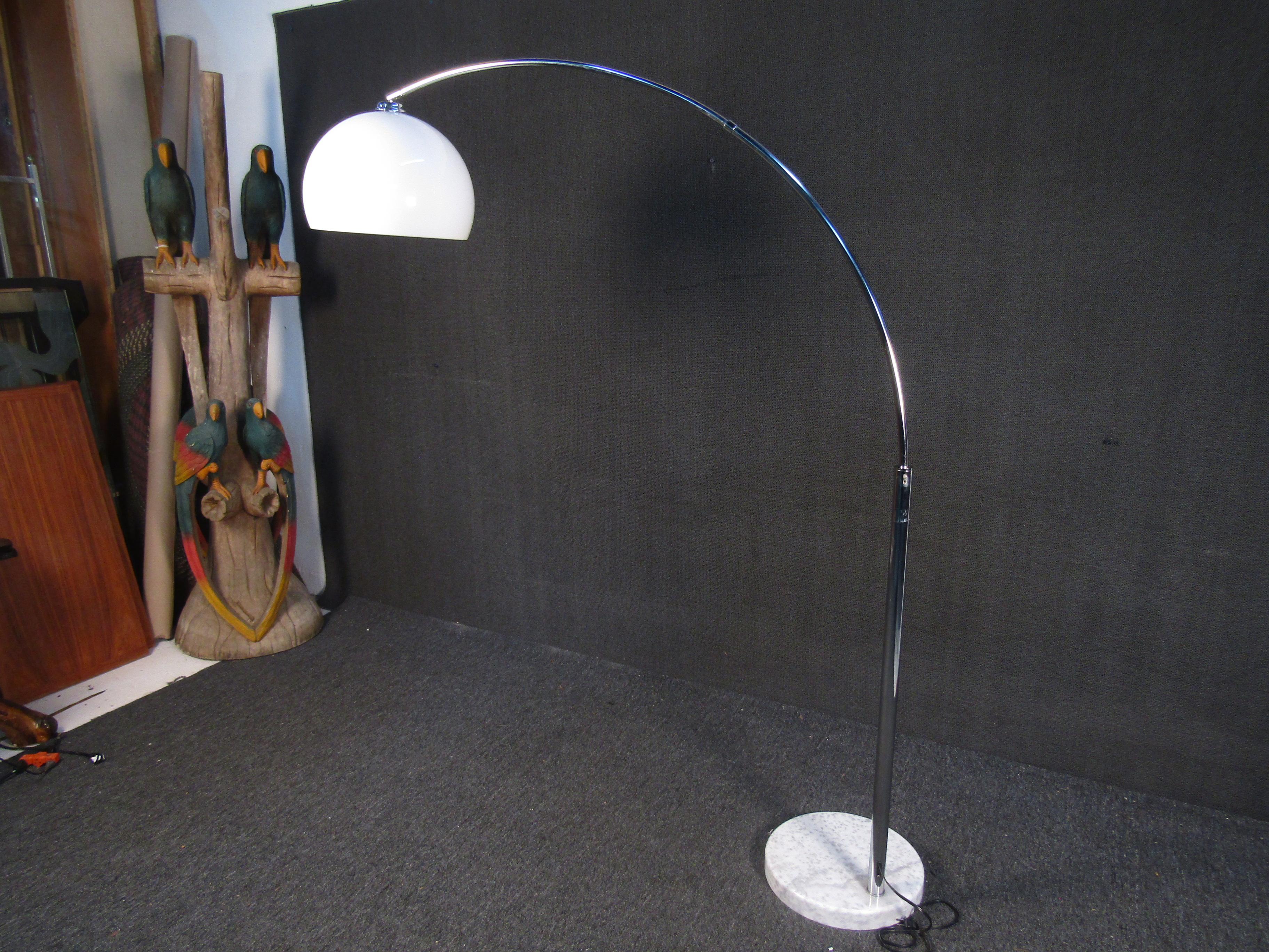 Elegant Mid-Century Modern floor lamp pairing a white marble base with a chrome frame and glass lampshade. Please confirm item location with seller (NY/NJ).