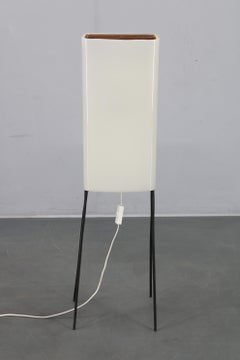 Mid-Century Modern Floor Lamp on Iron Legs with Plastic Shade and Wood Accent
