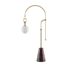 Modern Floor Lamp with 70s Shapes in Red Marble, Leather & Brass