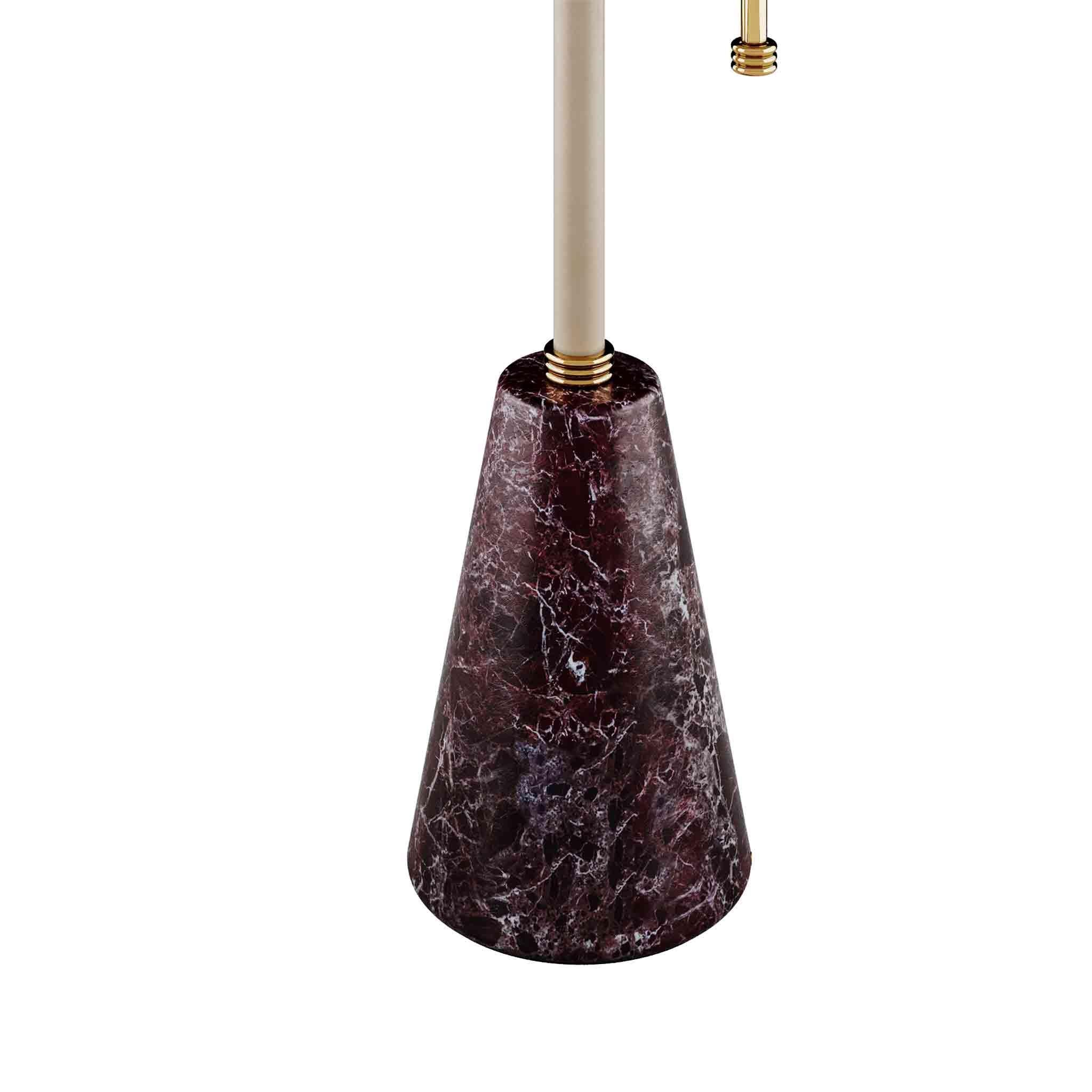 Hand-Crafted Modern Floor Lamp with 70s Shapes in Red Marble, Leather & Brass For Sale