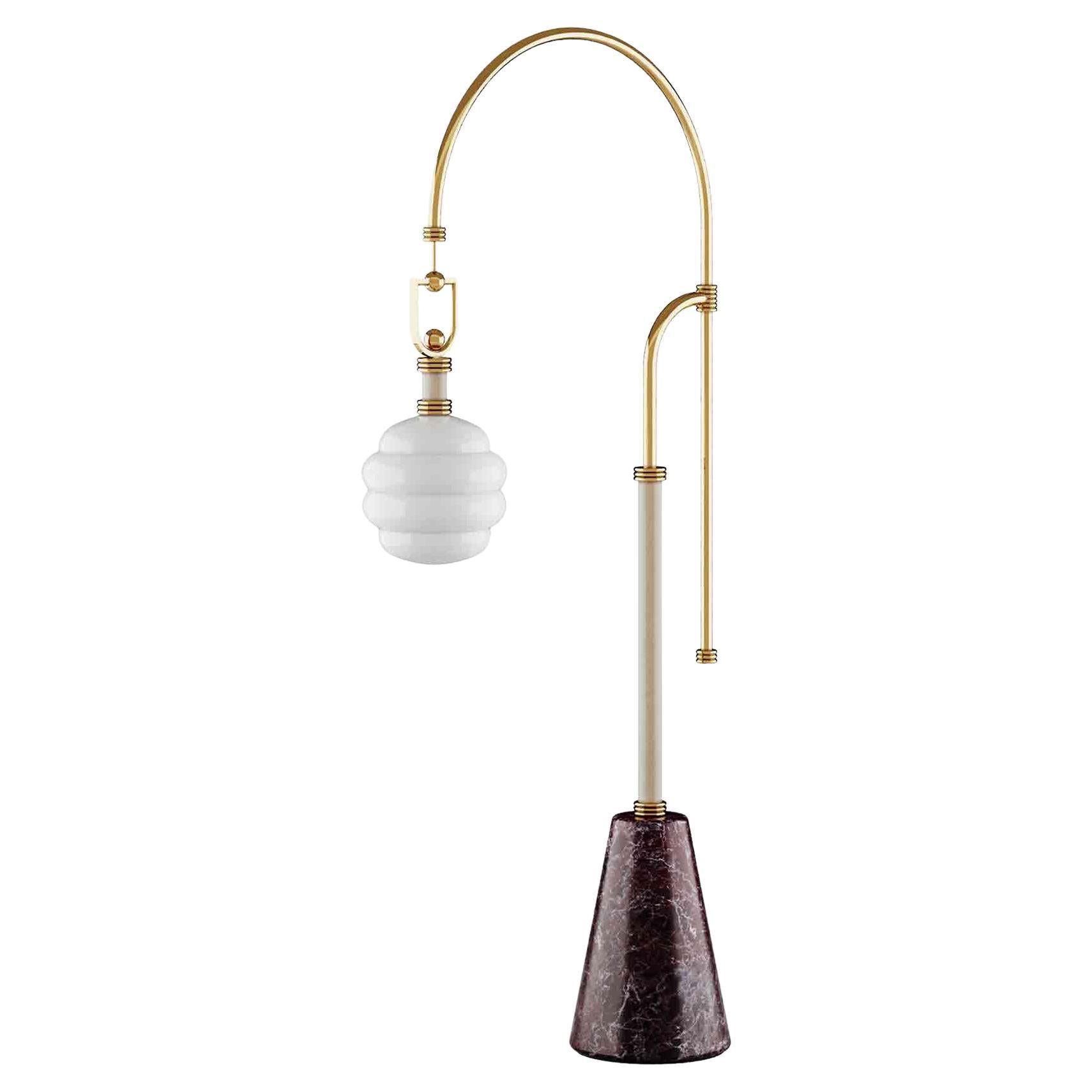 Modern Floor Lamp with 70s Shapes in Red Marble, Leather & Brass For Sale