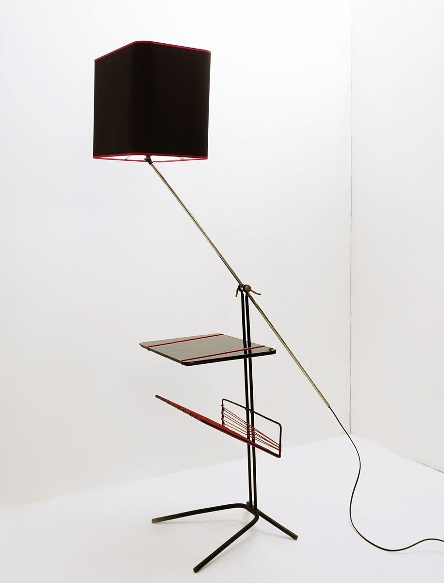 Mid-Century Modern Floor Lamp with Black Glass Table/Magazine Rack For Sale 3
