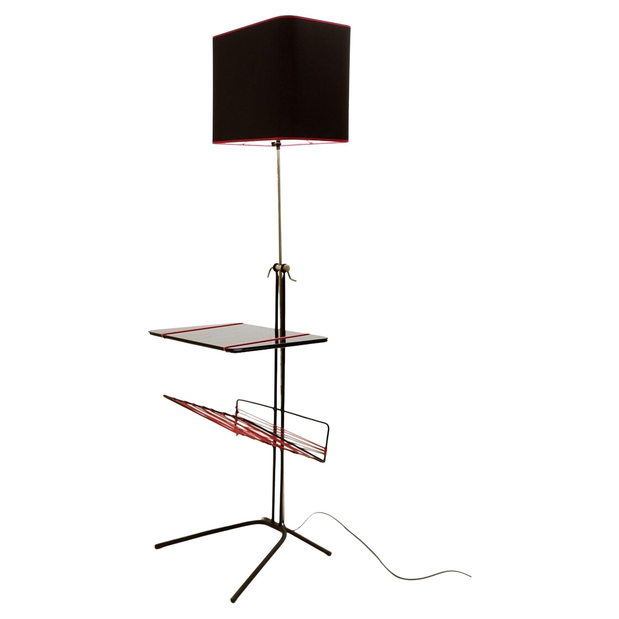 Mid-Century Modern Floor Lamp with Black Glass Table/Magazine Rack