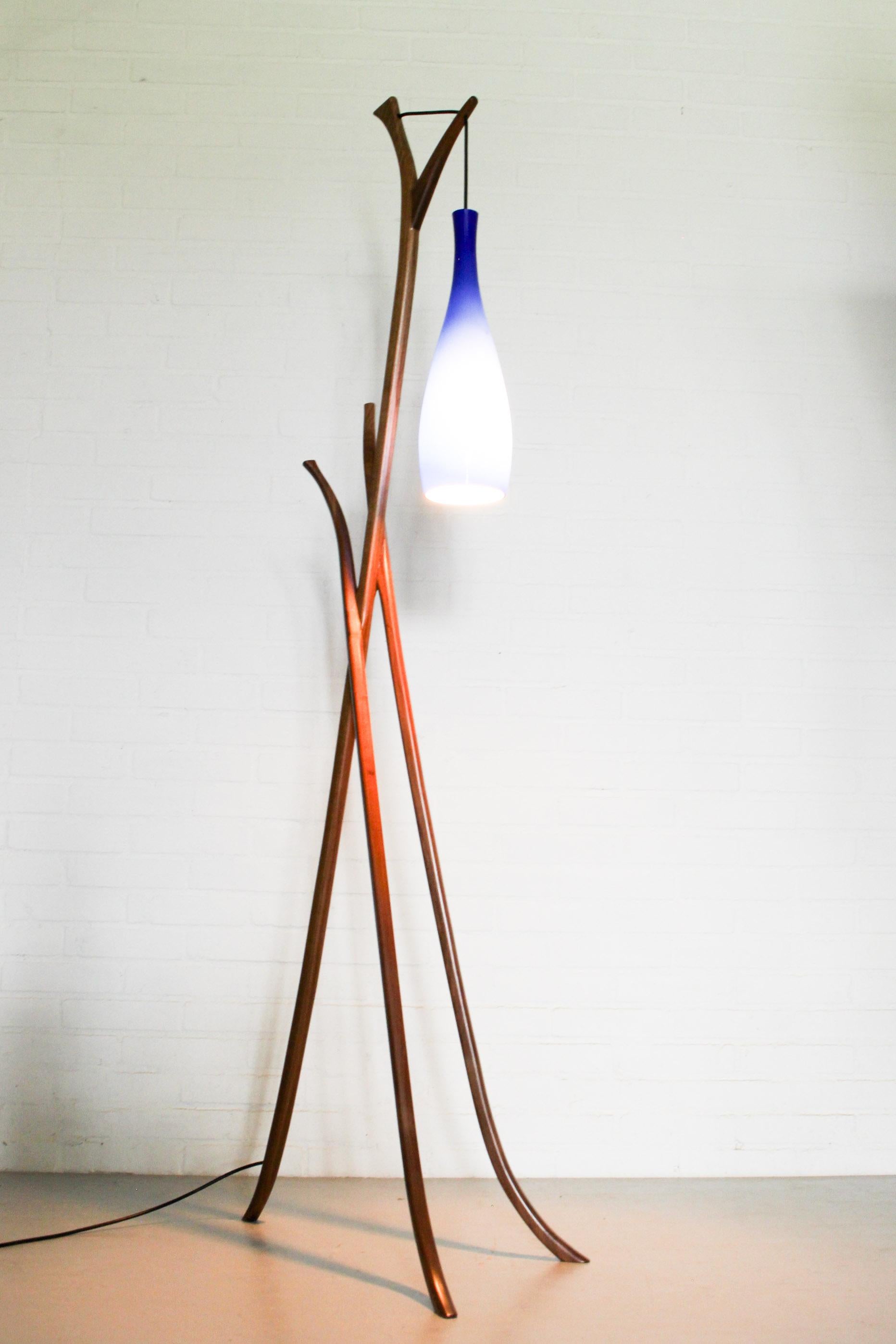 Dutch Mid-Century Modern Floor Lamp with Blue Glass Lamp Shade