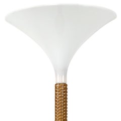 Mid-Century Modern Floor Lamp with Braided Rattan Base and White Witch Hat Shade