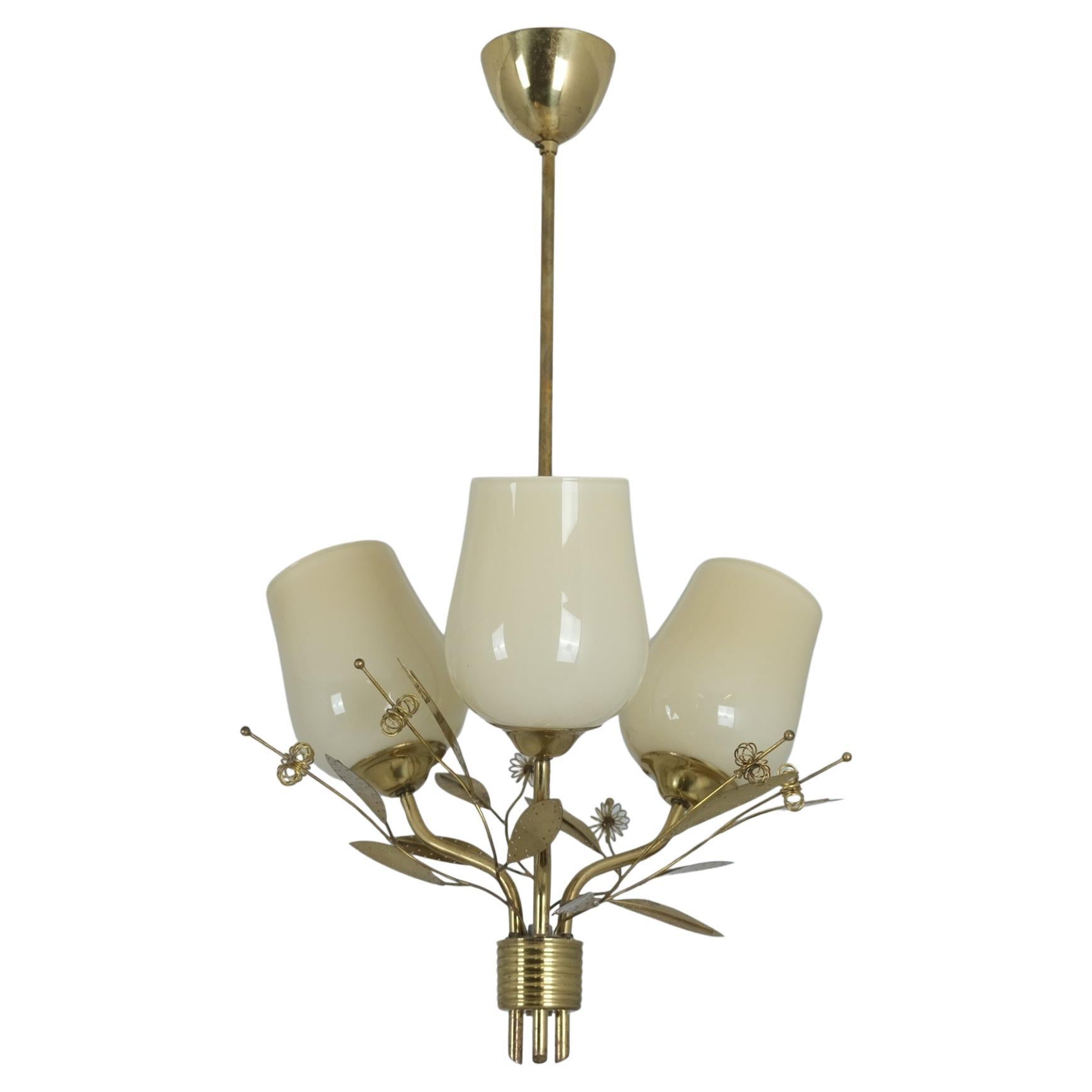 Mid-Century Modern Floral Brass Ceiling Lamp Model ER 77/3, Itsu Finland 1950s