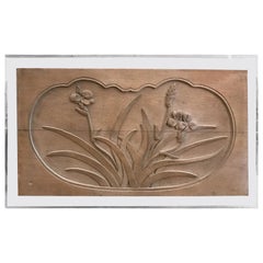Mid-Century Modern Floral Caved Oak Relief Mounted on Acrylic Panel