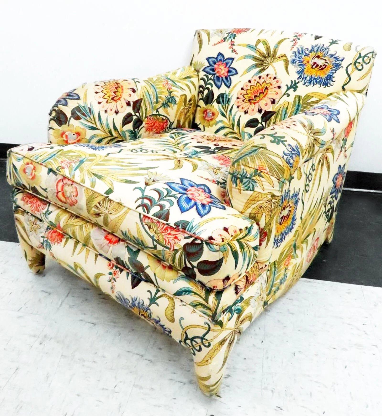 Gorgeous chair with long, languid lines and a wonderfully colorful yet elegant Jacobean textile. I very much enjoy the upholstered legs on his piece, gives it a sculptural, yet fluid feel.

Dimensions35ʺW × 35ʺD × 32ʺH

Good vintage condition. Age