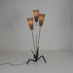 Mid-Century Modern Floral Floor Lamp in Black, Brass & Rattan, Finland 1950s