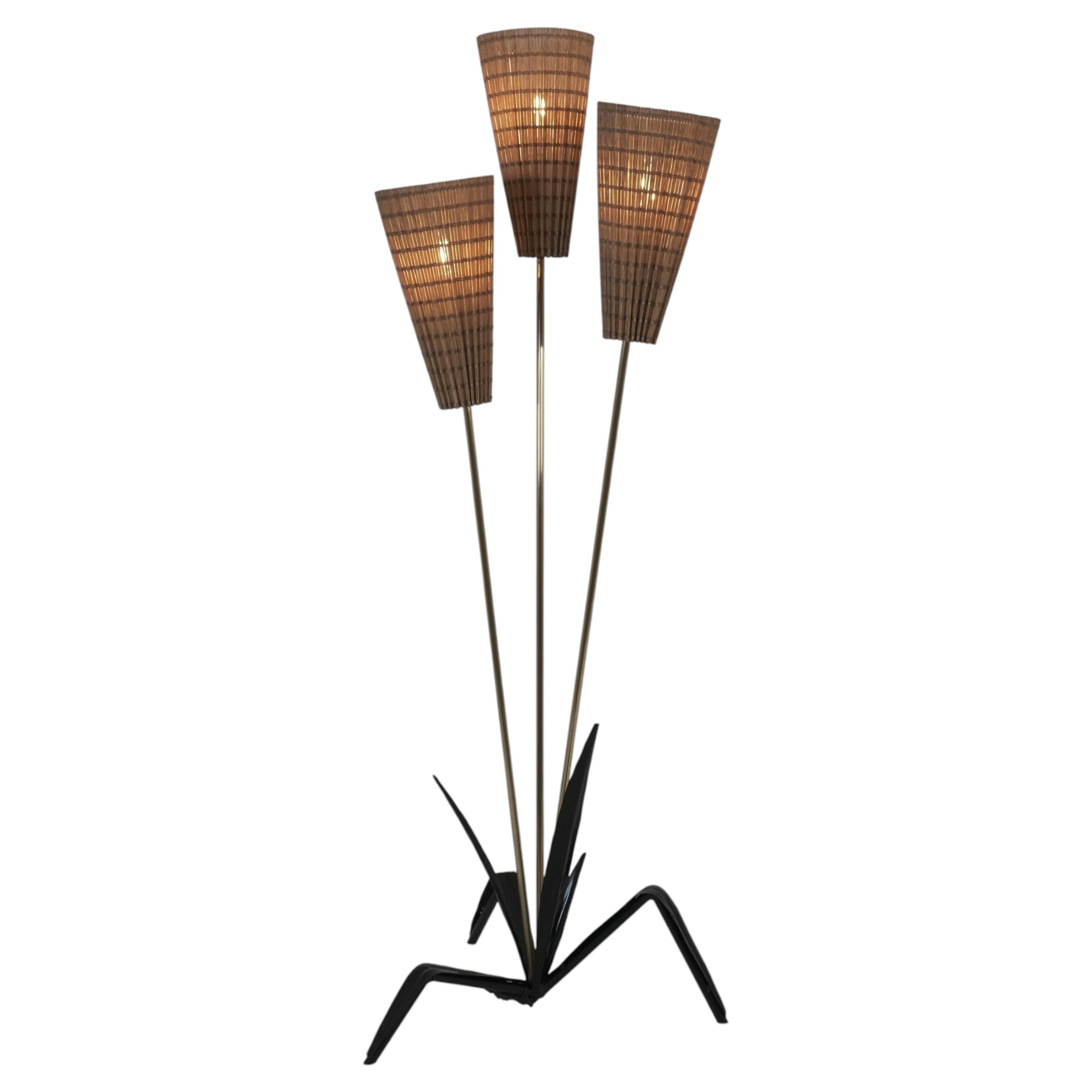 Mid-Century Modern Floral Floor Lamp in Black, Brass & Rattan, Finland 1950s For Sale