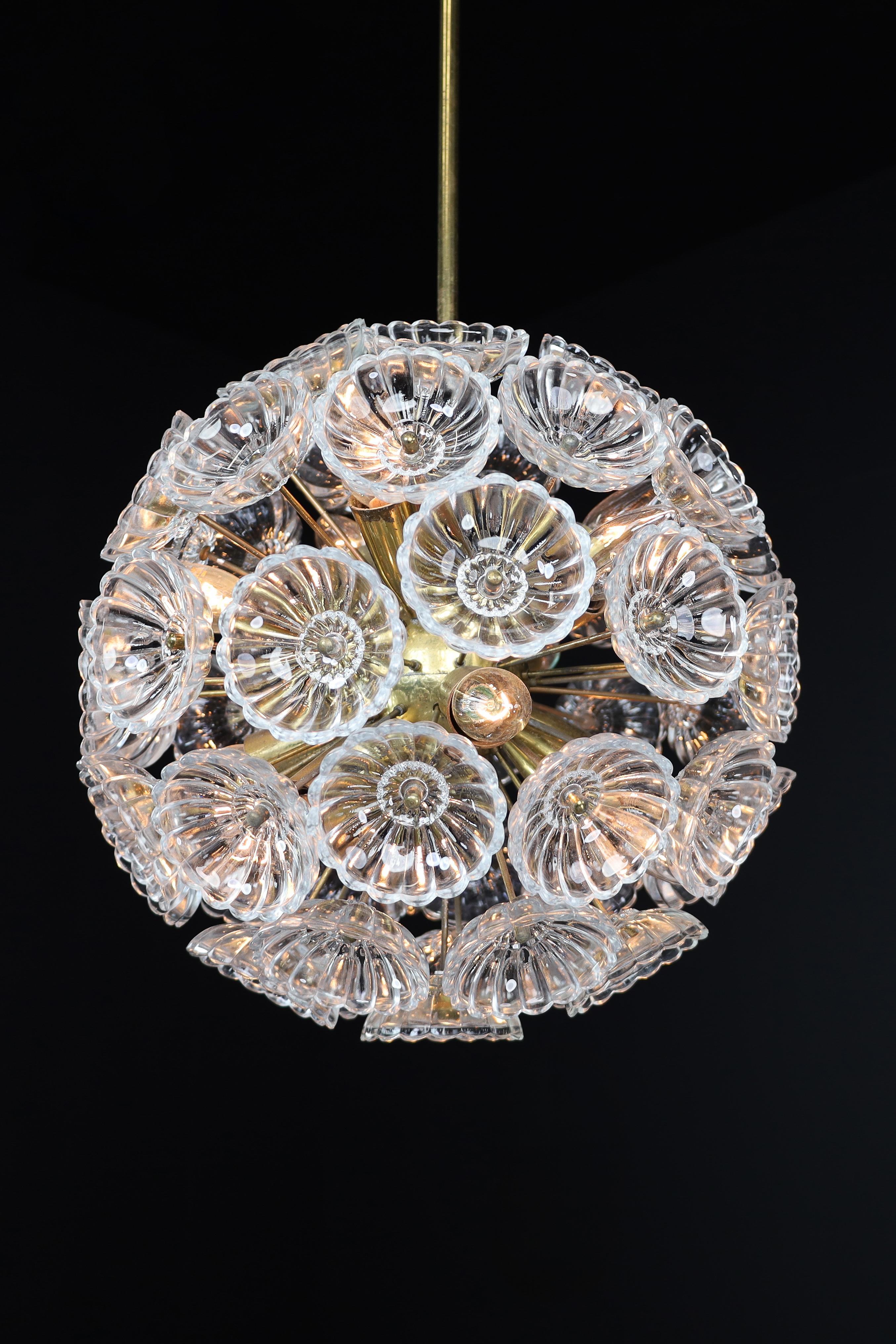 Mid-Century Modern Floral Glass and Brass Chandelier, Germany, 1960s For Sale 1